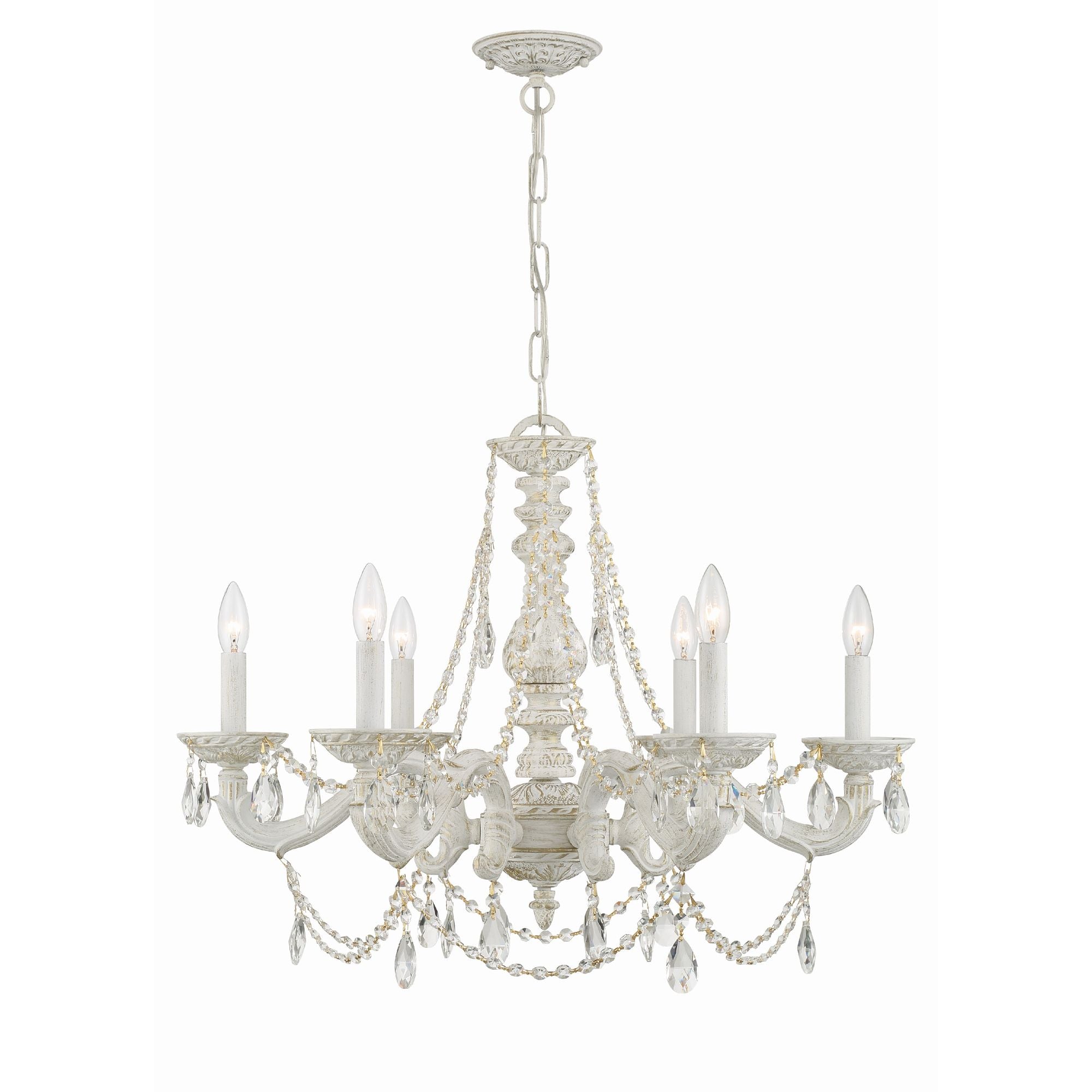 Paris Market 6 Light Clear Crystal Antique White Chandelier Hand Cut Crystal 28"W x 22"H x 28"D