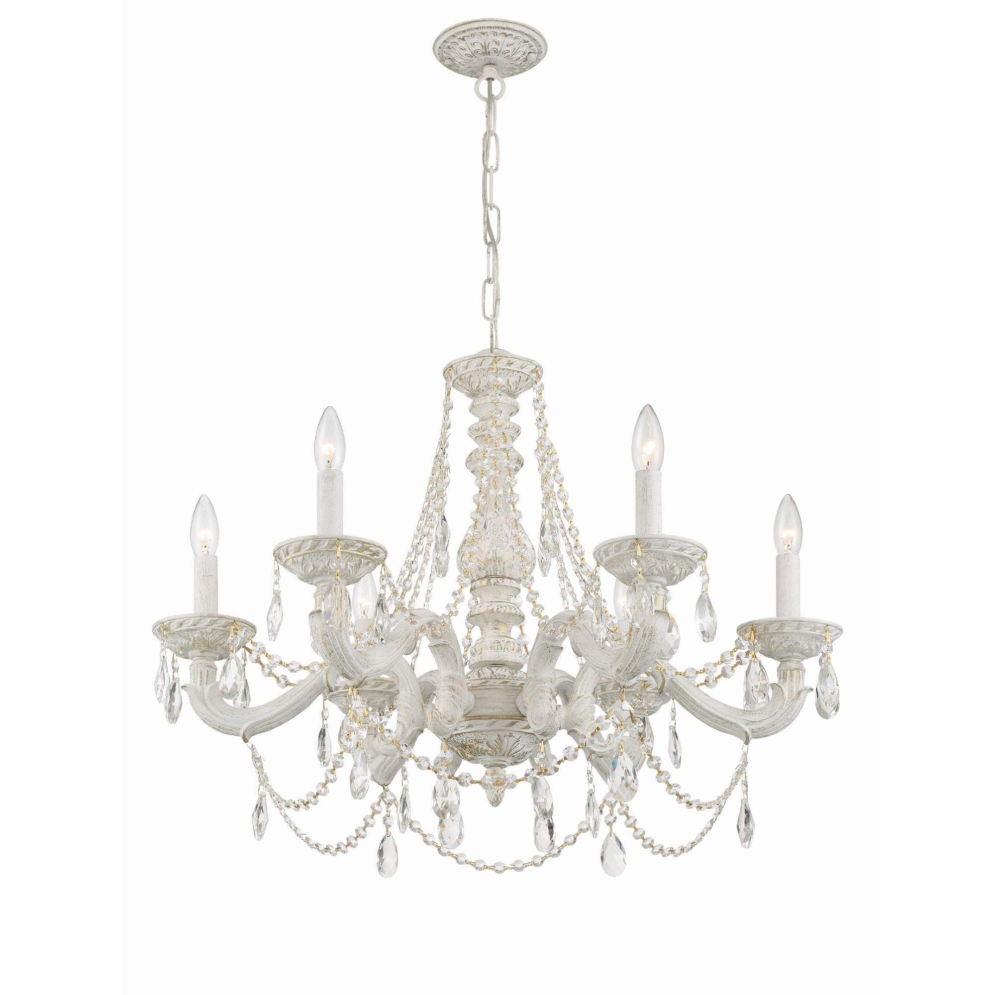 Paris Market 6 Light Clear Crystal Antique White Chandelier Hand Cut Crystal 28"W x 22"H x 28"D
