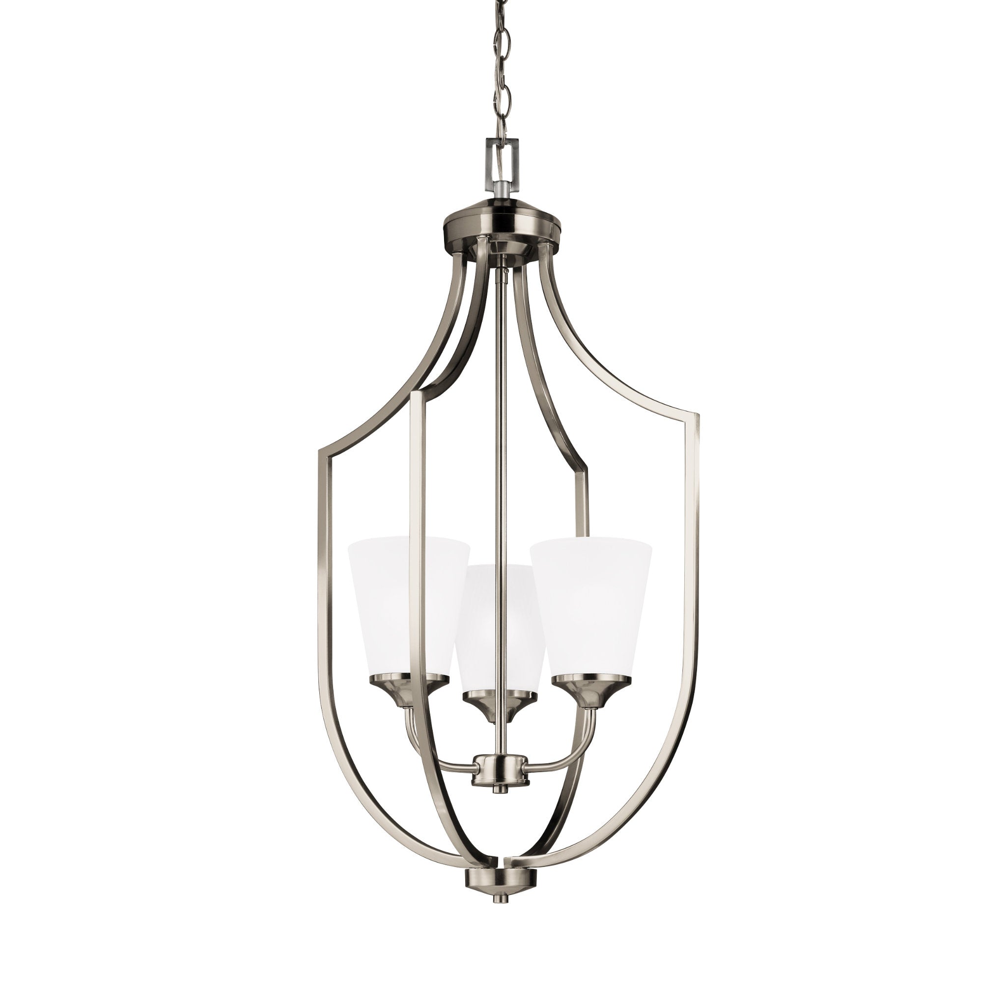 Hanford Three Light Hall / Foyer Transitional Pendant 32.75" Height Steel Round Satin Etched Shade in Brushed Nickel