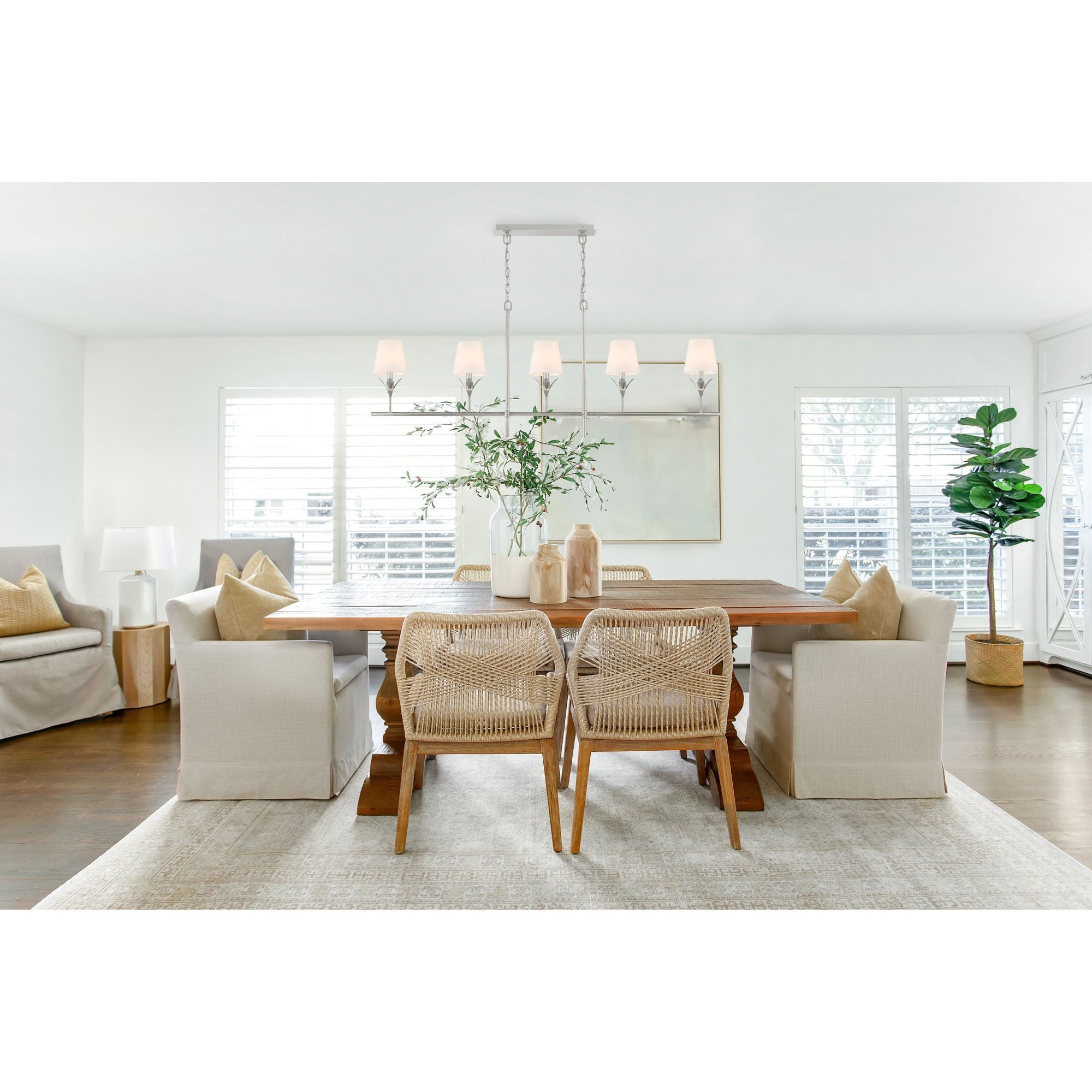 Broche 5 Light Antique Silver Linear Chandelier Silk Shade 53.5"W x 21"H x 6"D