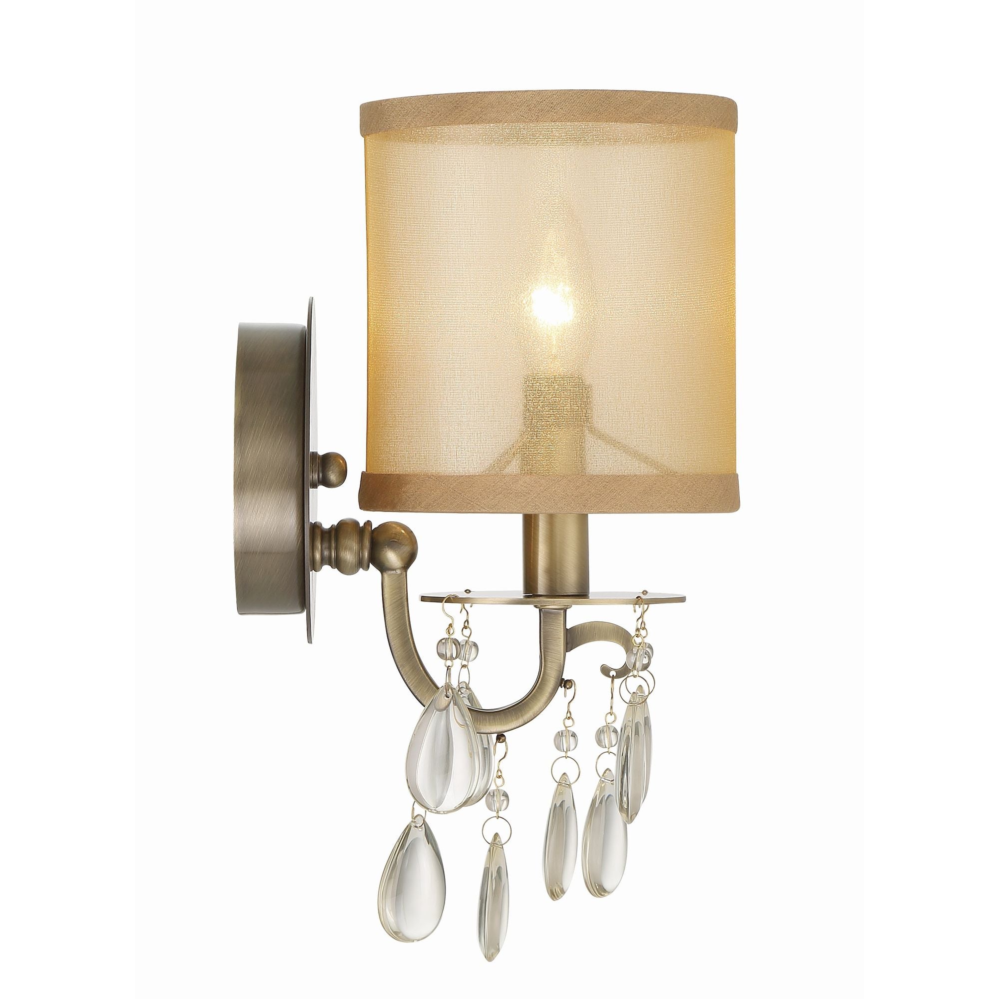 Hampton 1 Light Antique Brass Sconce Etruscan Teardrop Almond Silk Shade 5.5"W x 13"H x 7.5"D