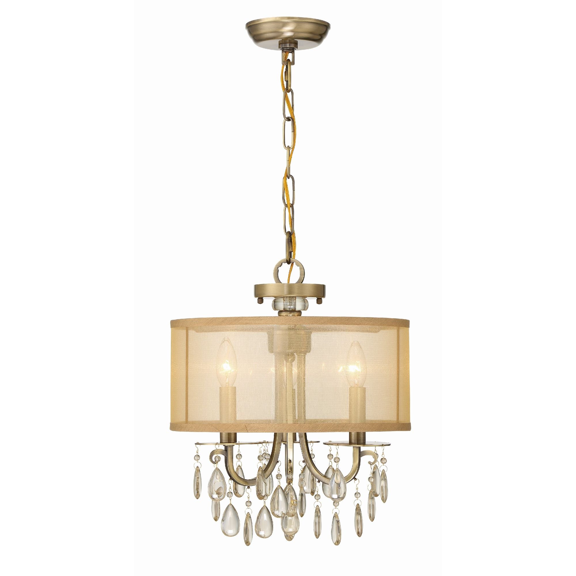 Hampton 3 Light Antique Brass Etruscan Crystal Drum Shade Mini Chandelier Etruscan Teardrop Almond Silk Shade 14"W x 17"H x 14"D