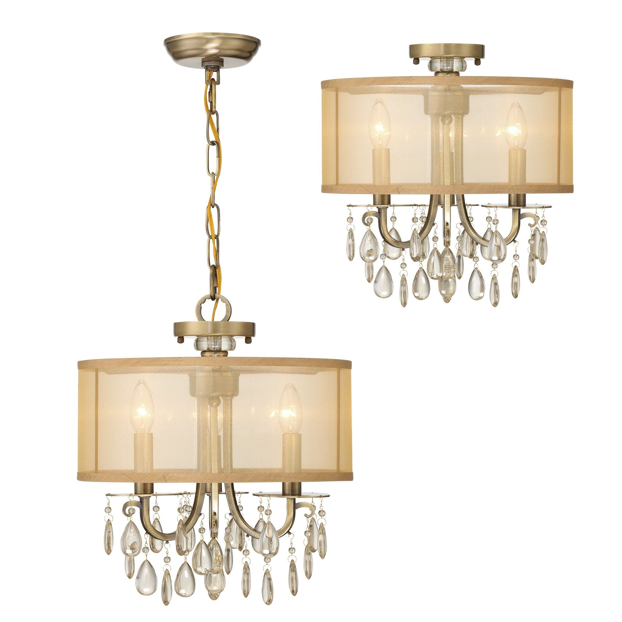 Hampton 3 Light Antique Brass Etruscan Crystal Drum Shade Mini Chandelier Etruscan Teardrop Almond Silk Shade 14"W x 17"H x 14"D