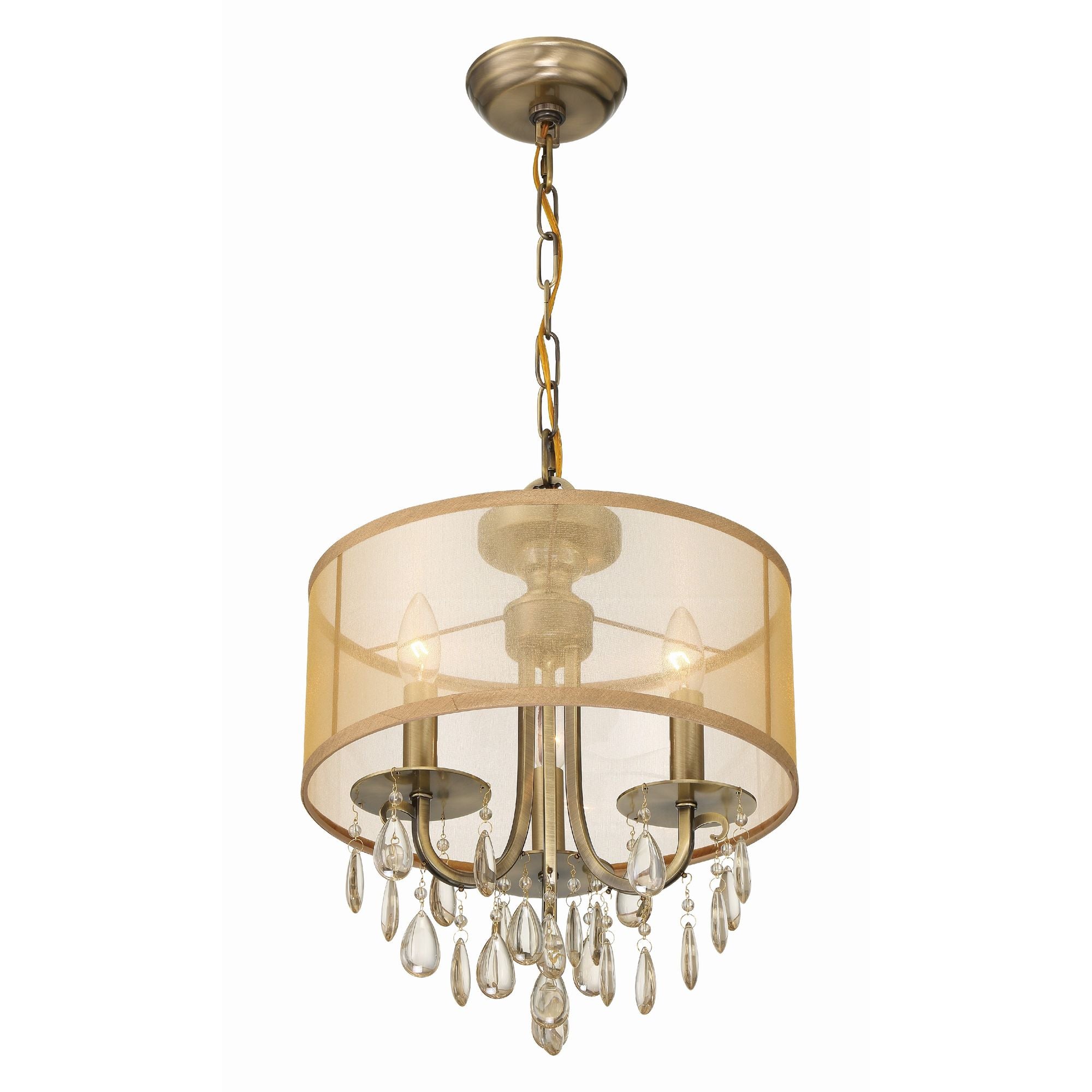 Hampton 3 Light Antique Brass Etruscan Crystal Drum Shade Mini Chandelier Etruscan Teardrop Almond Silk Shade 14"W x 17"H x 14"D