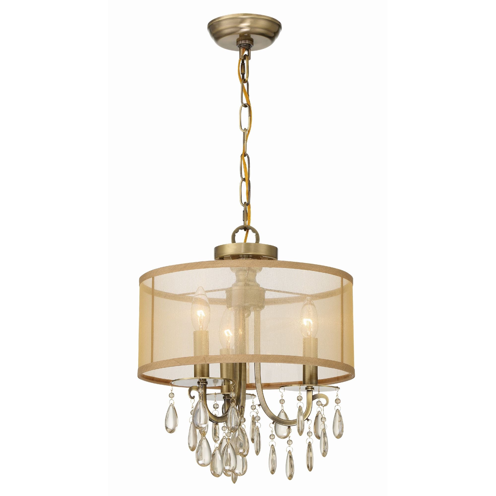 Hampton 3 Light Antique Brass Etruscan Crystal Drum Shade Mini Chandelier Etruscan Teardrop Almond Silk Shade 14"W x 17"H x 14"D