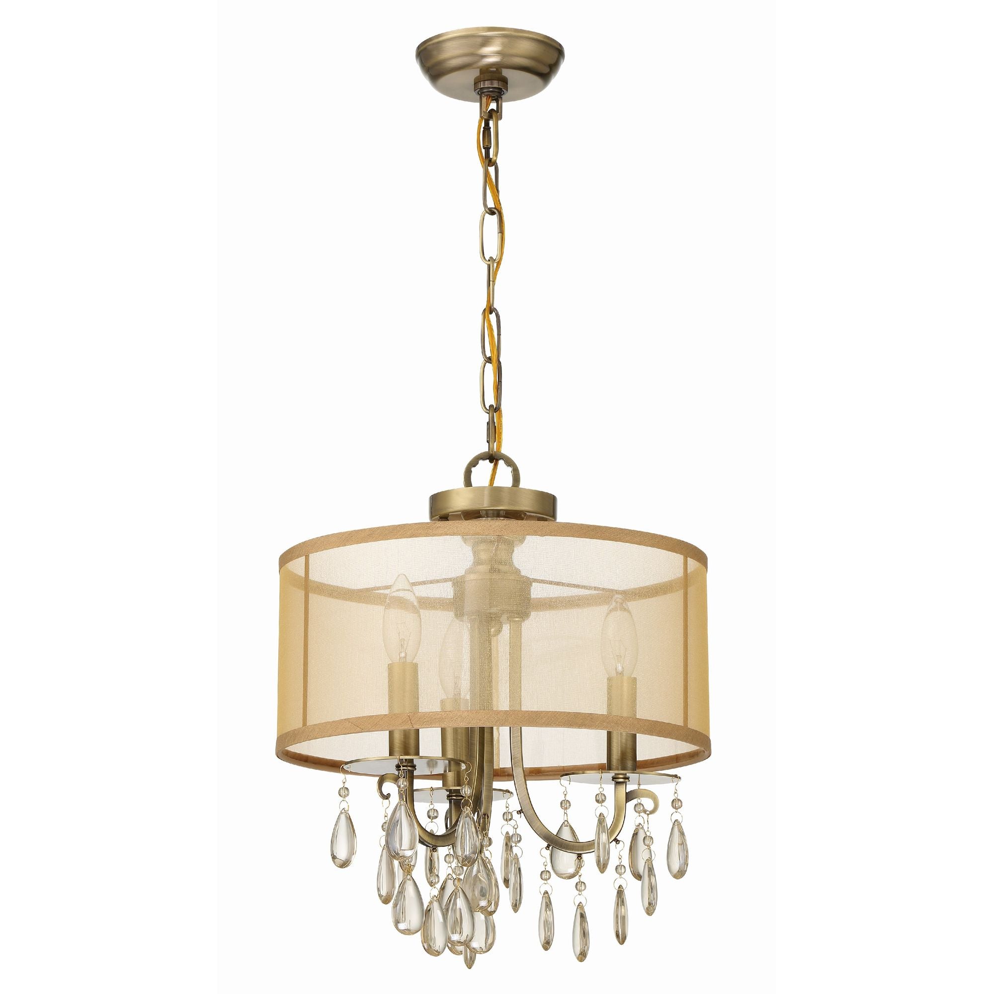 Hampton 3 Light Antique Brass Etruscan Crystal Drum Shade Mini Chandelier Etruscan Teardrop Almond Silk Shade 14"W x 17"H x 14"D