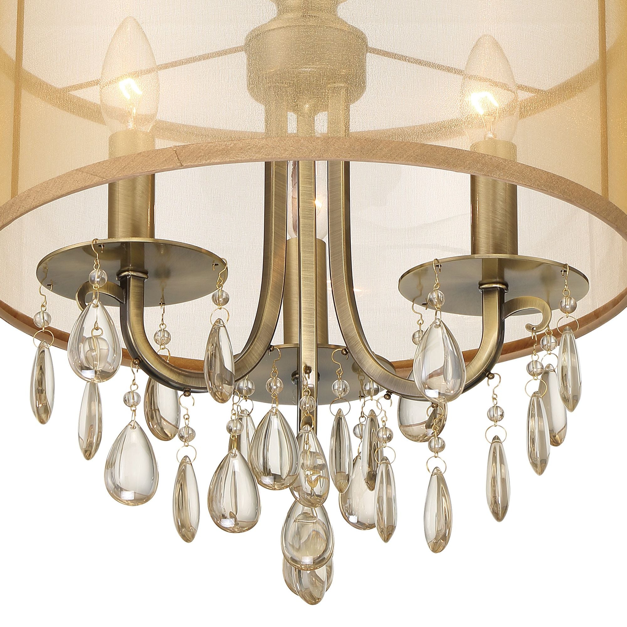 Hampton 3 Light Antique Brass Etruscan Crystal Drum Shade Mini Chandelier Etruscan Teardrop Almond Silk Shade 14"W x 17"H x 14"D