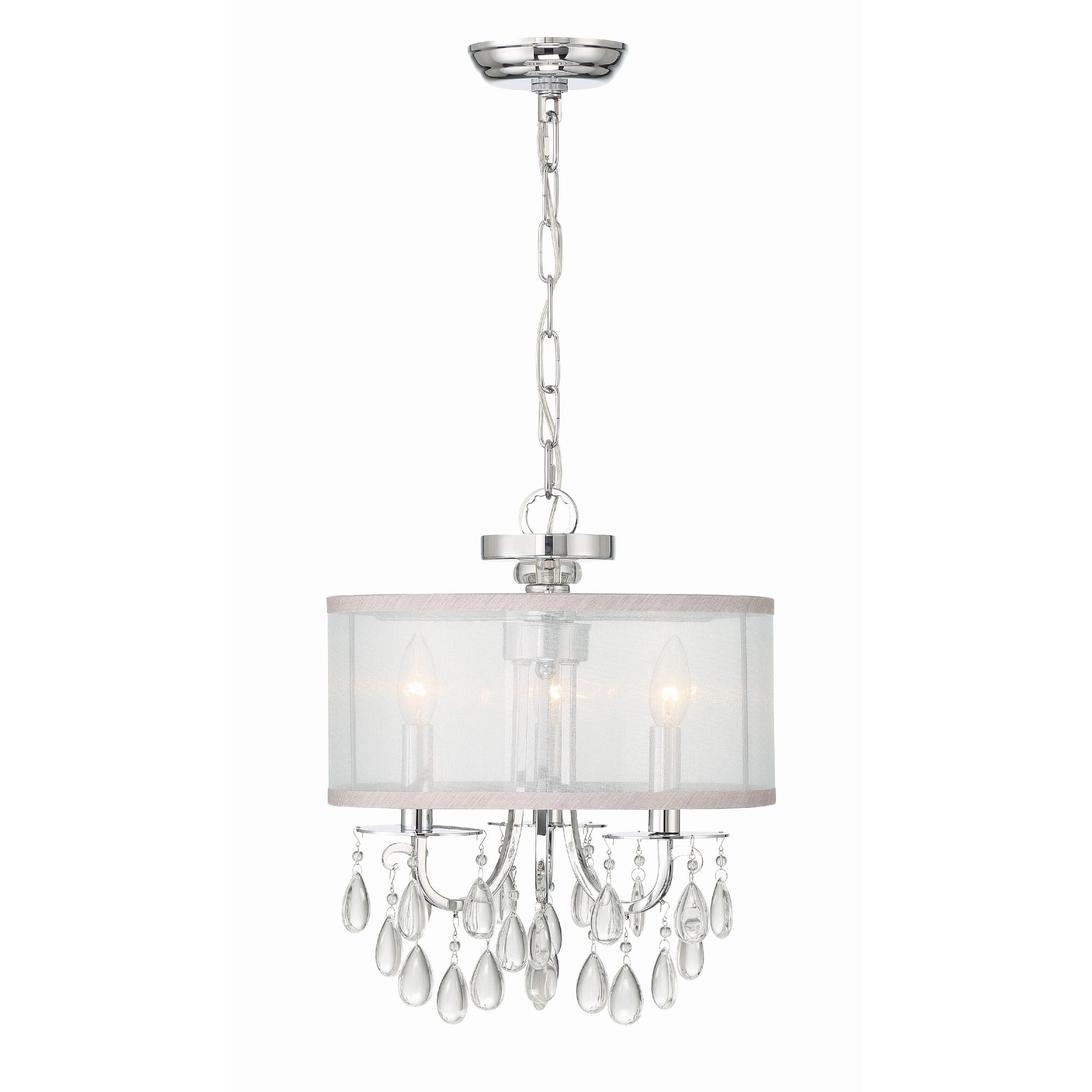 Hampton 3 Light Polished Chrome Clear Crystal Drum Shade Mini Chandelier Clear Teardrop Almond Silk Shade 14"W x 17"H x 14"D