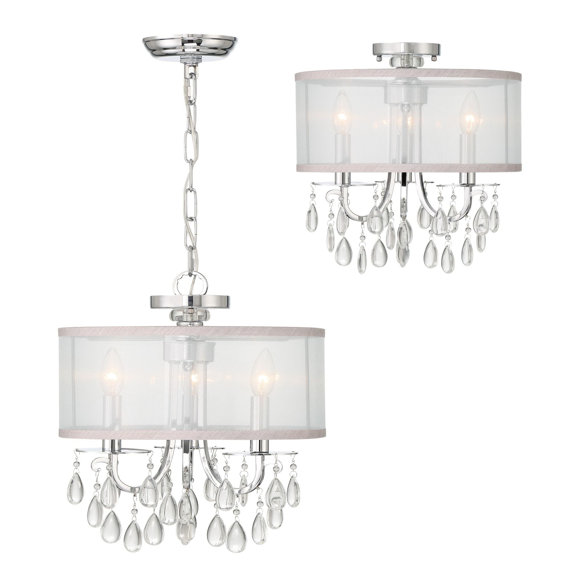 Hampton 3 Light Polished Chrome Clear Crystal Drum Shade Mini Chandelier Clear Teardrop Almond Silk Shade 14"W x 17"H x 14"D