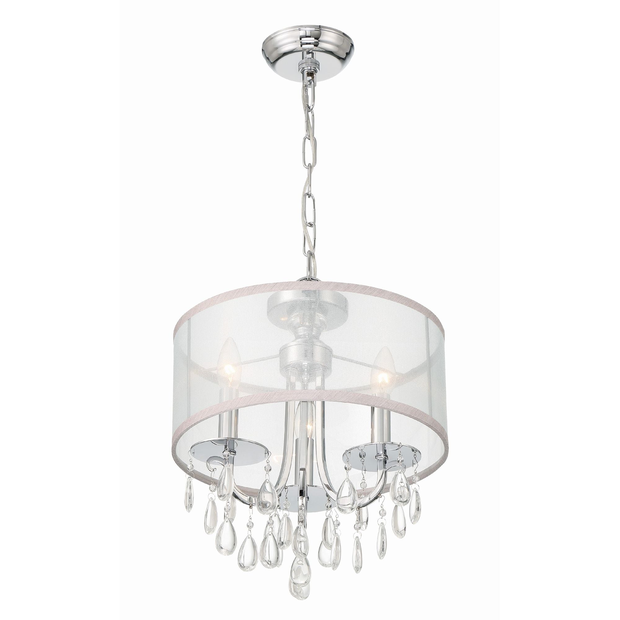 Hampton 3 Light Polished Chrome Clear Crystal Drum Shade Mini Chandelier Clear Teardrop Almond Silk Shade 14"W x 17"H x 14"D