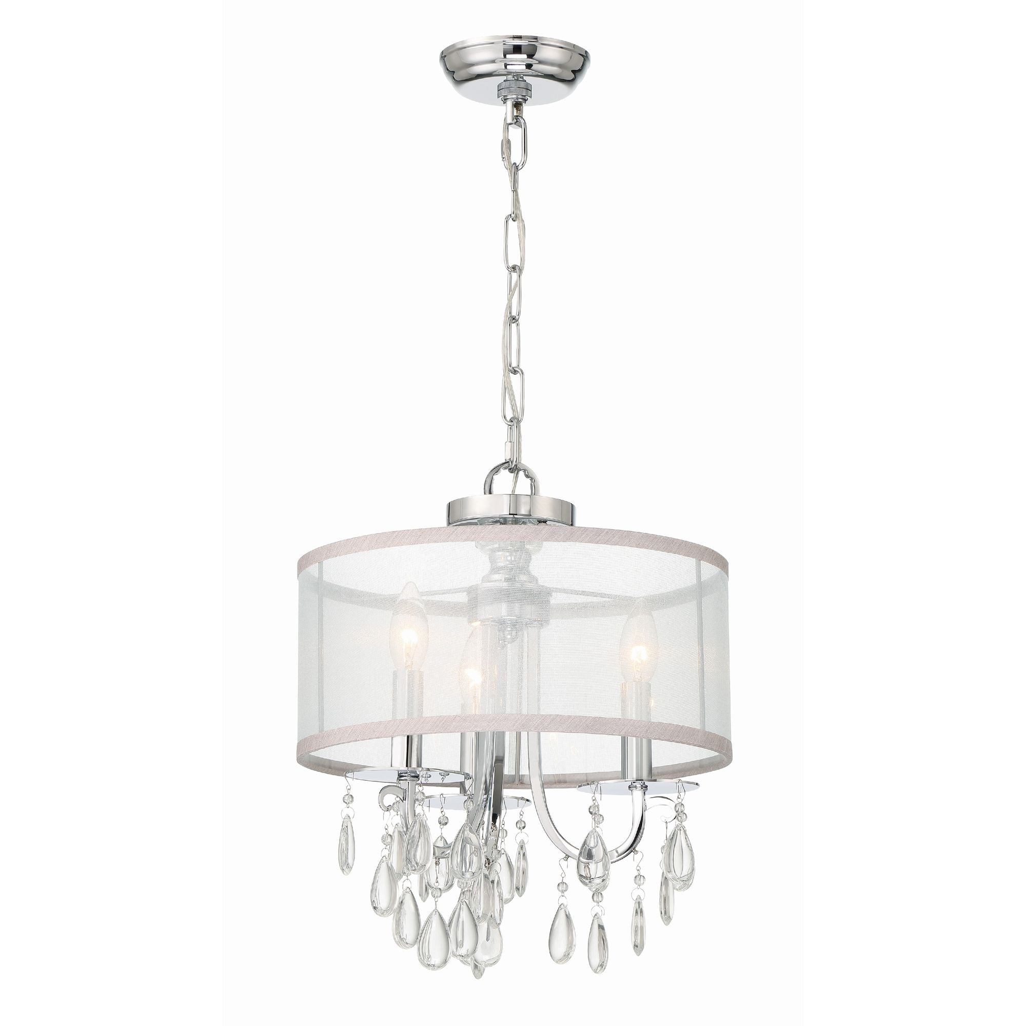 Hampton 3 Light Polished Chrome Clear Crystal Drum Shade Mini Chandelier Clear Teardrop Almond Silk Shade 14"W x 17"H x 14"D