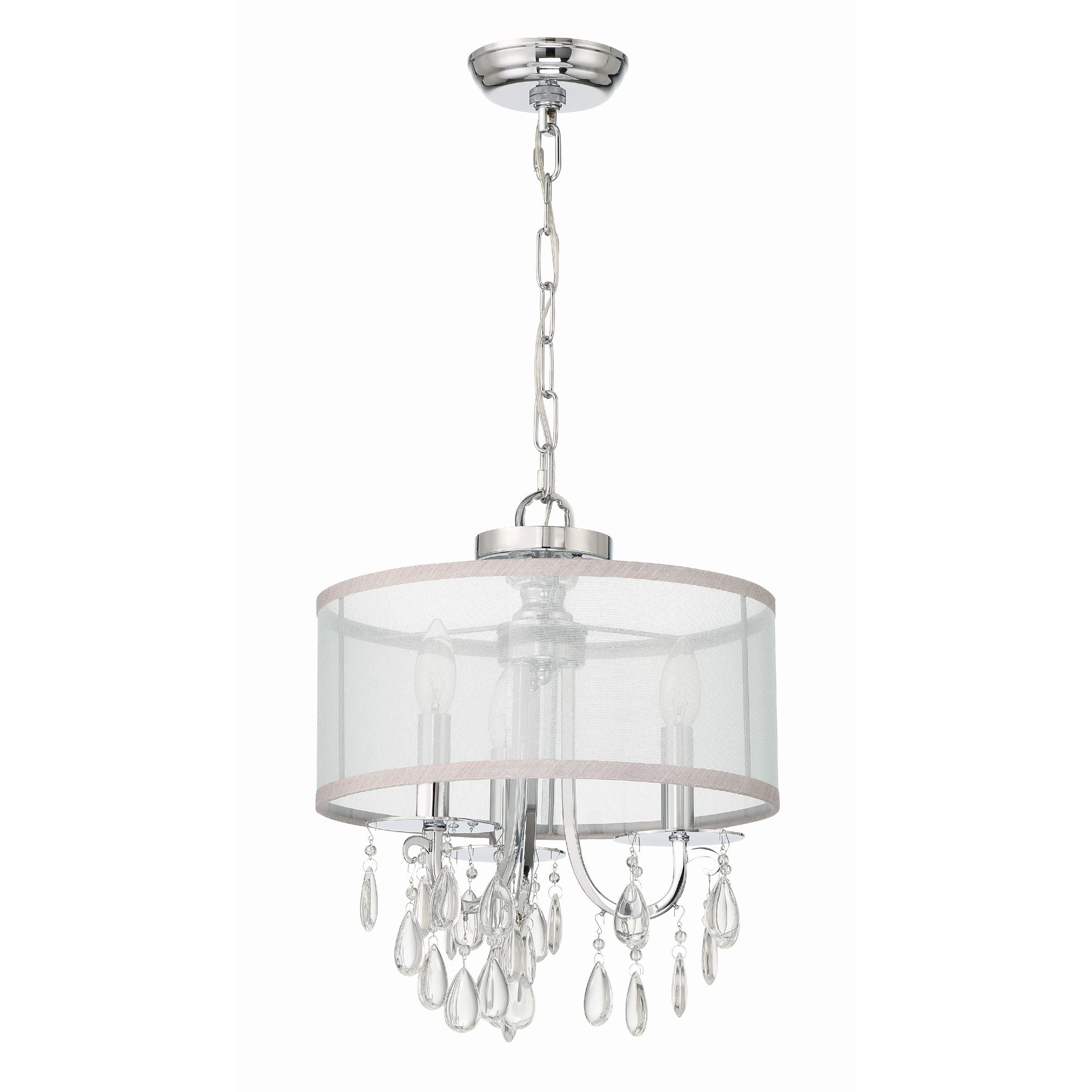Hampton 3 Light Polished Chrome Clear Crystal Drum Shade Mini Chandelier Clear Teardrop Almond Silk Shade 14"W x 17"H x 14"D