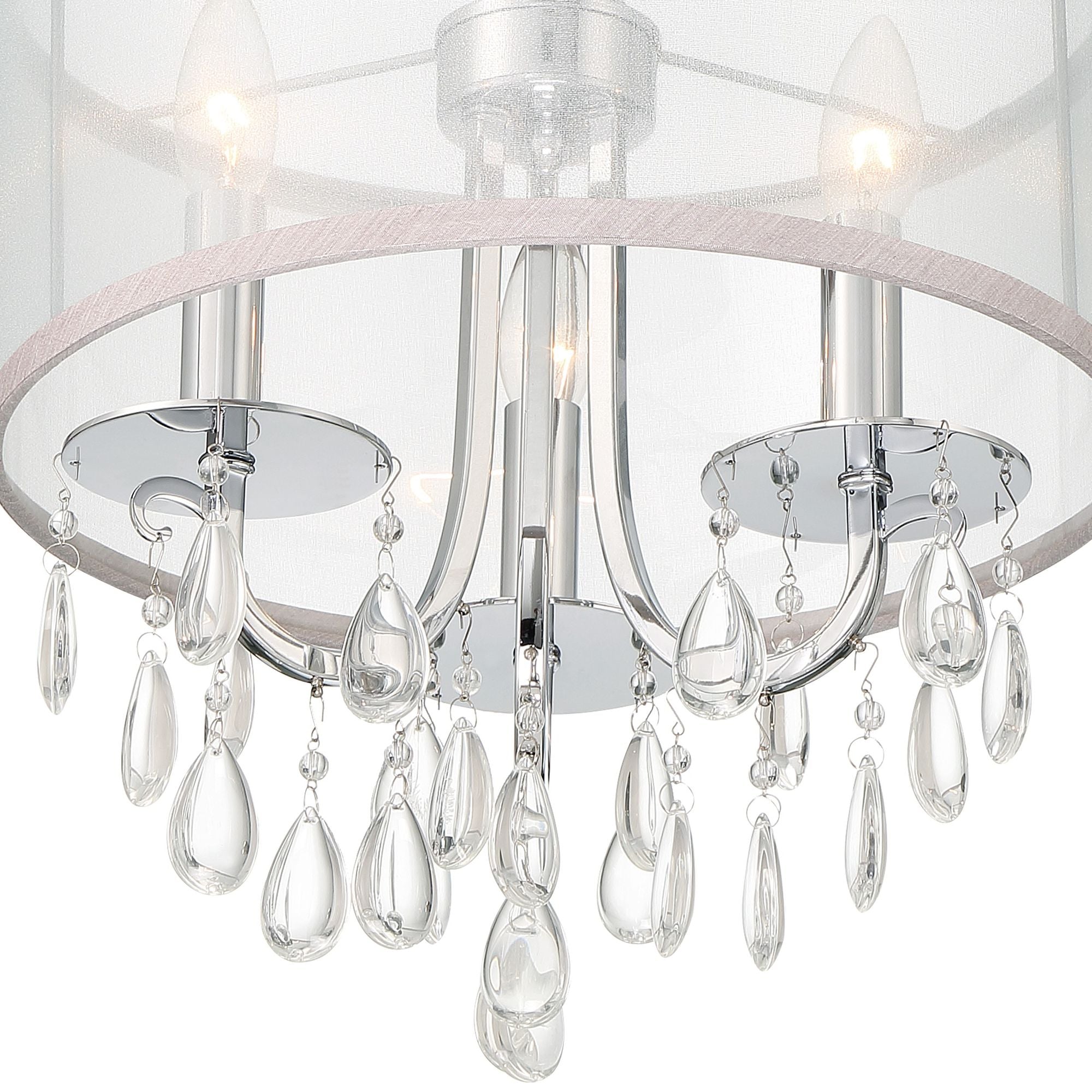 Hampton 3 Light Polished Chrome Clear Crystal Drum Shade Mini Chandelier Clear Teardrop Almond Silk Shade 14"W x 17"H x 14"D