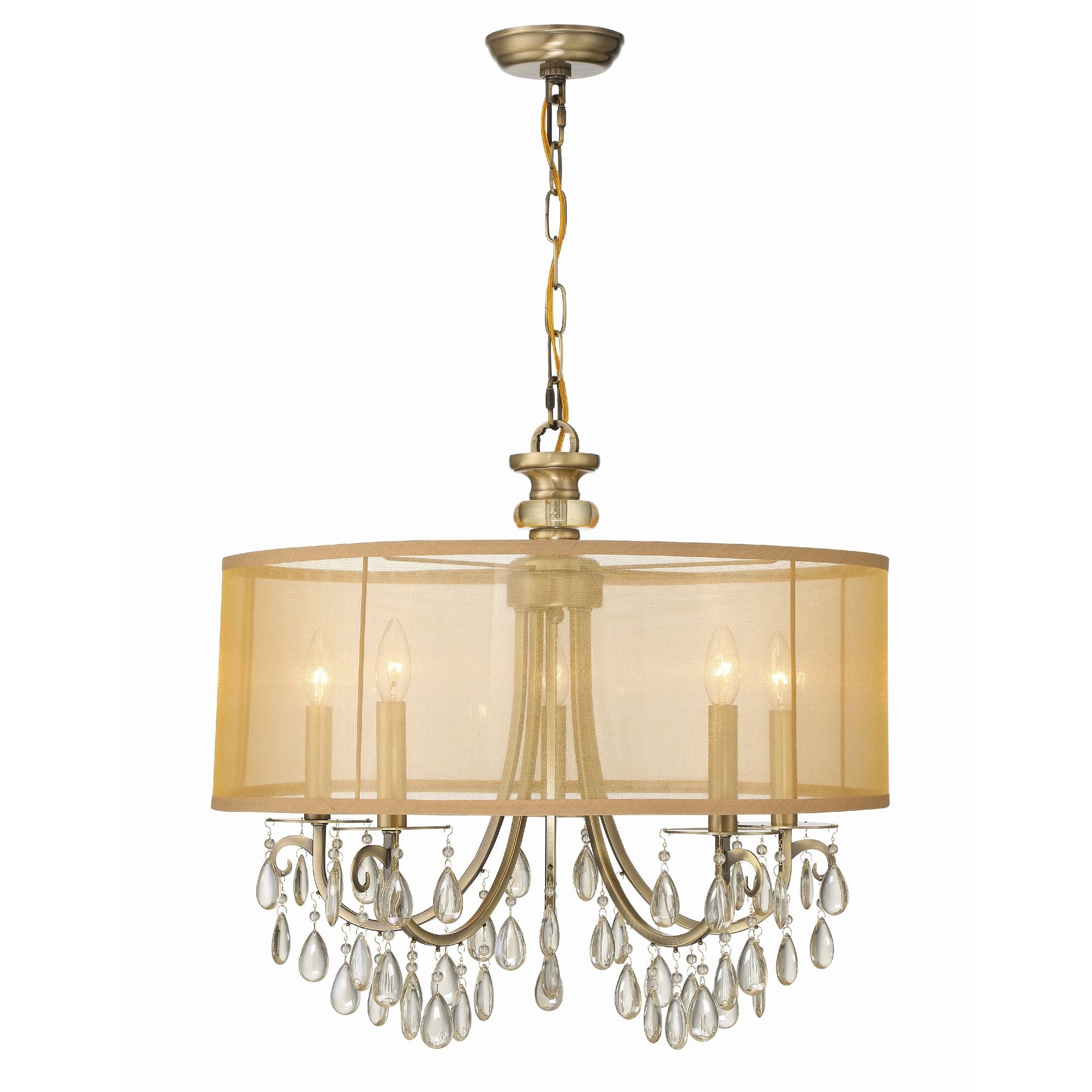 Hampton 5 Light Drum Shade Antique Brass Chandelier Etruscan Teardrop Almond Silk Shade 24"W x 23"H x 24"D