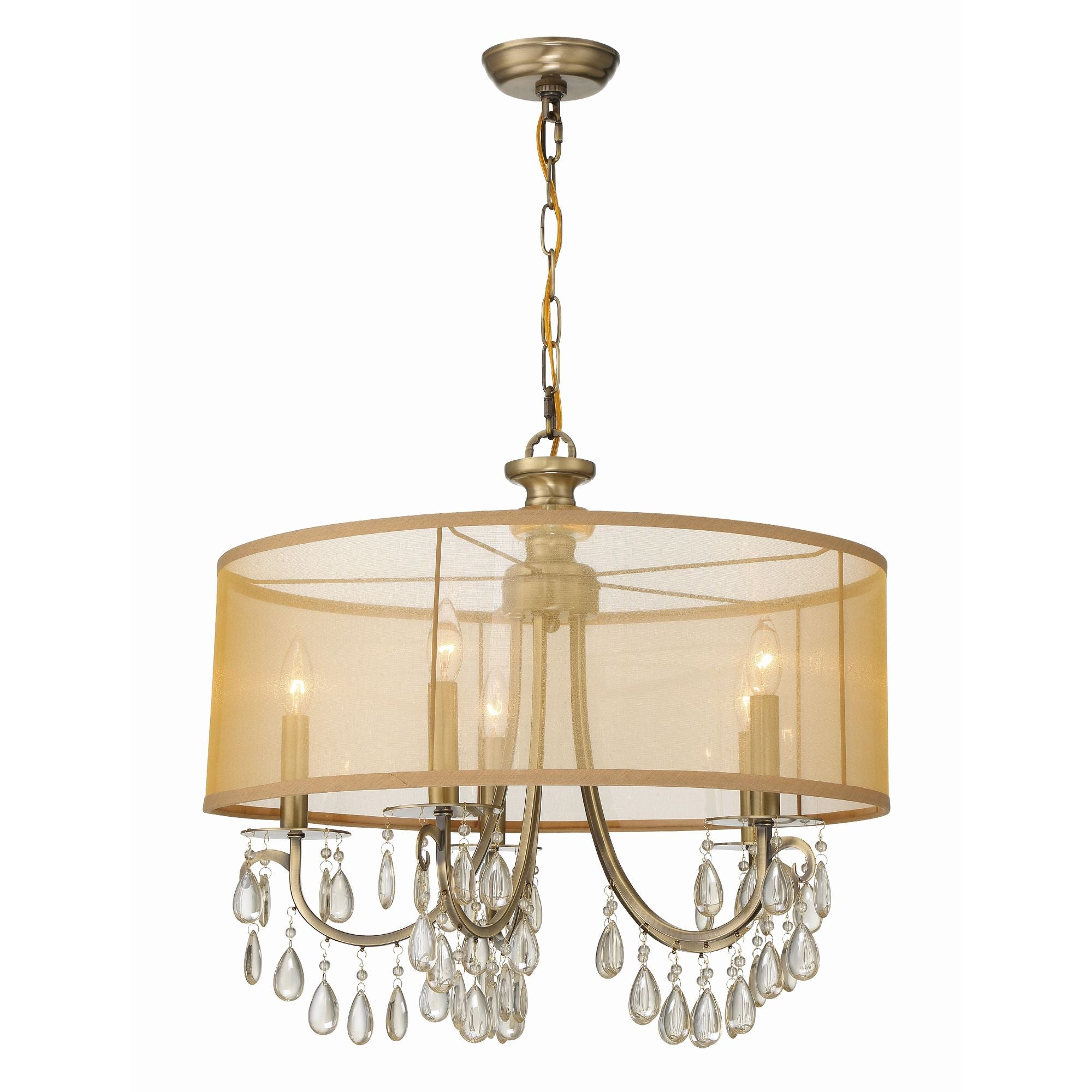Hampton 5 Light Drum Shade Antique Brass Chandelier Etruscan Teardrop Almond Silk Shade 24"W x 23"H x 24"D