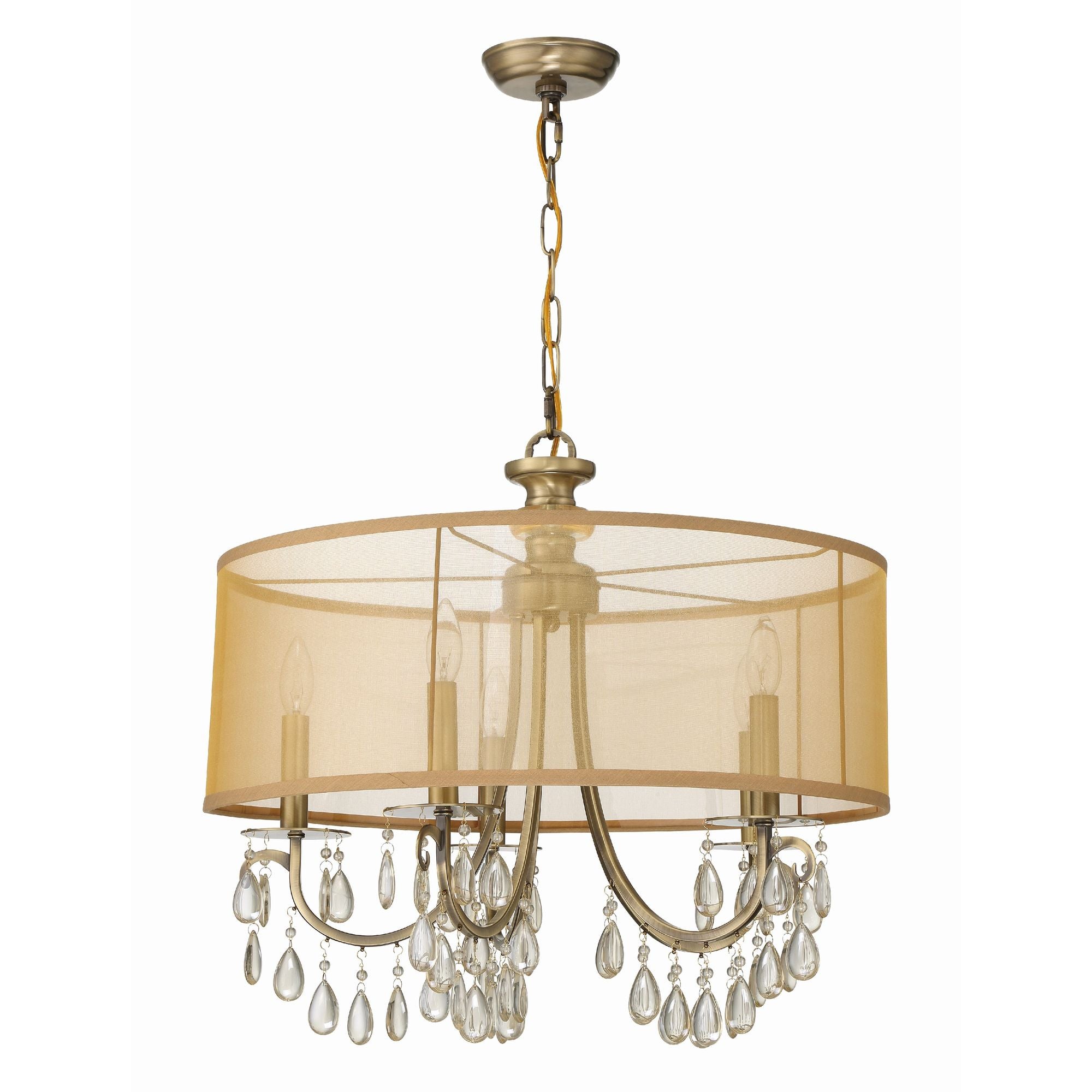 Hampton 5 Light Drum Shade Antique Brass Chandelier Etruscan Teardrop Almond Silk Shade 24"W x 23"H x 24"D
