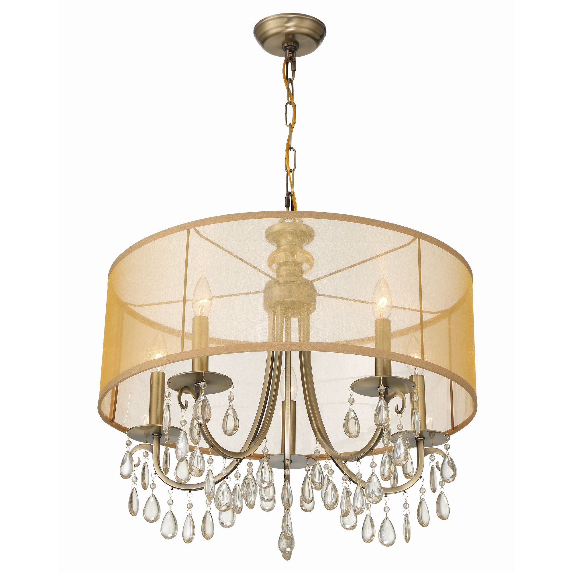 Hampton 5 Light Drum Shade Antique Brass Chandelier Etruscan Teardrop Almond Silk Shade 24"W x 23"H x 24"D
