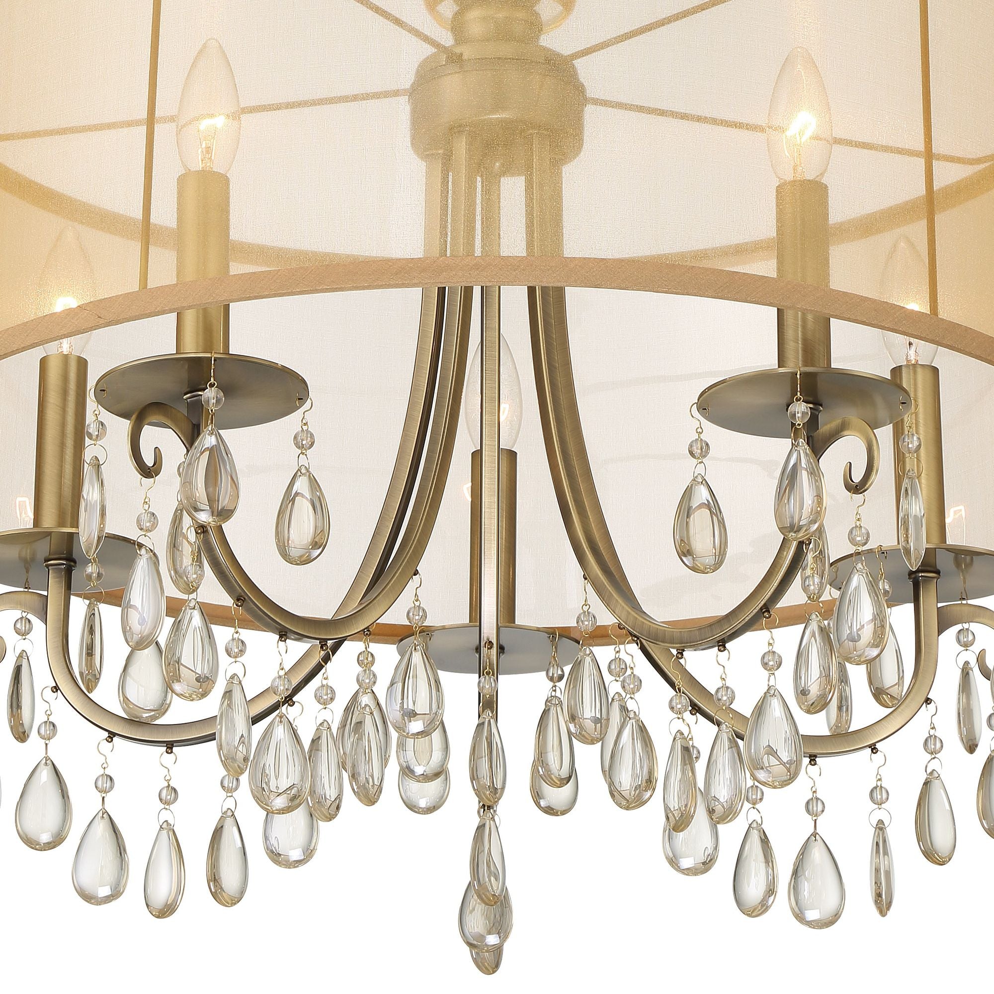 Hampton 5 Light Drum Shade Antique Brass Chandelier Etruscan Teardrop Almond Silk Shade 24"W x 23"H x 24"D