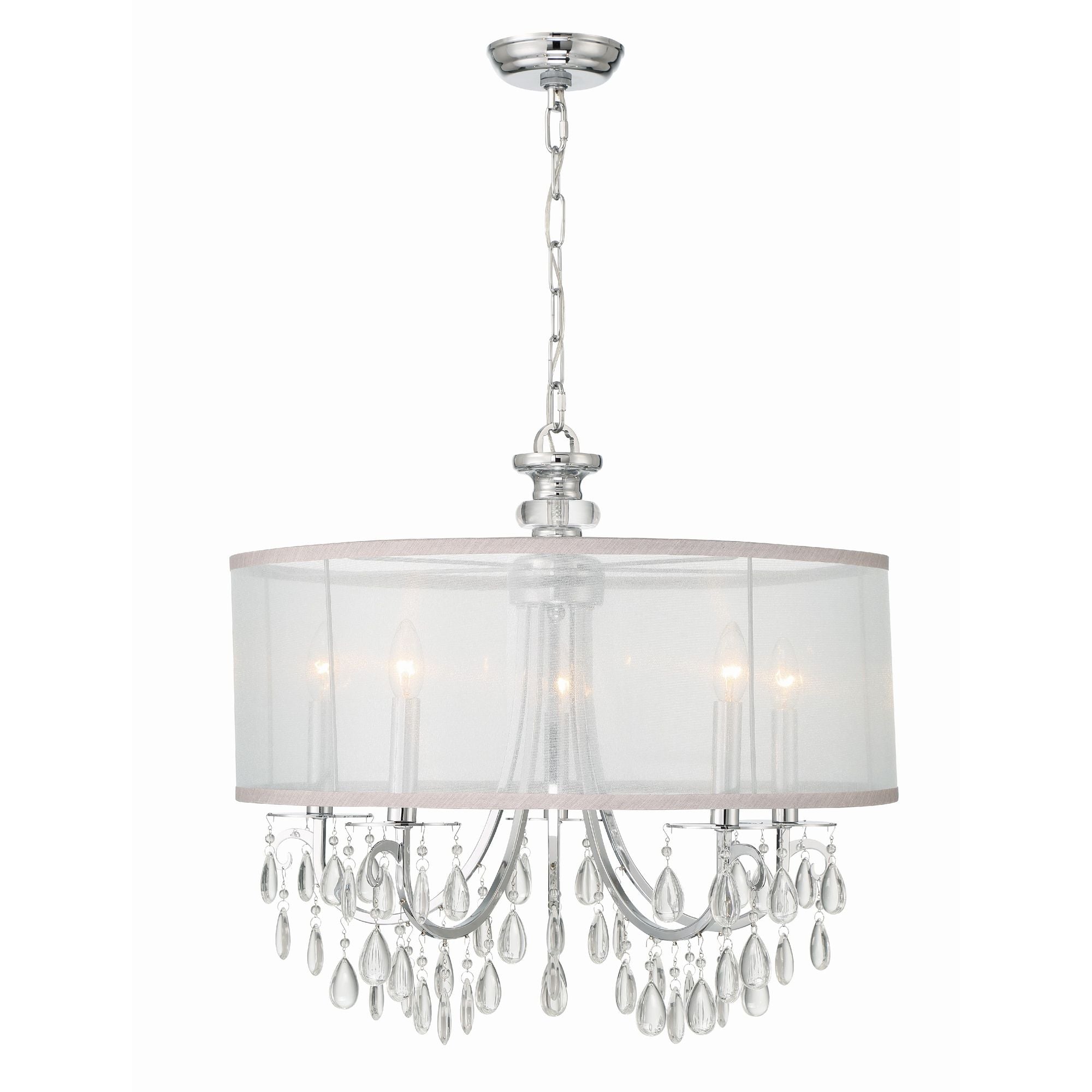 Hampton 5 Light Drum Shade Polished Chrome Chandelier Clear Teardrop Almond Silk Shade 24"W x 23"H x 24"D