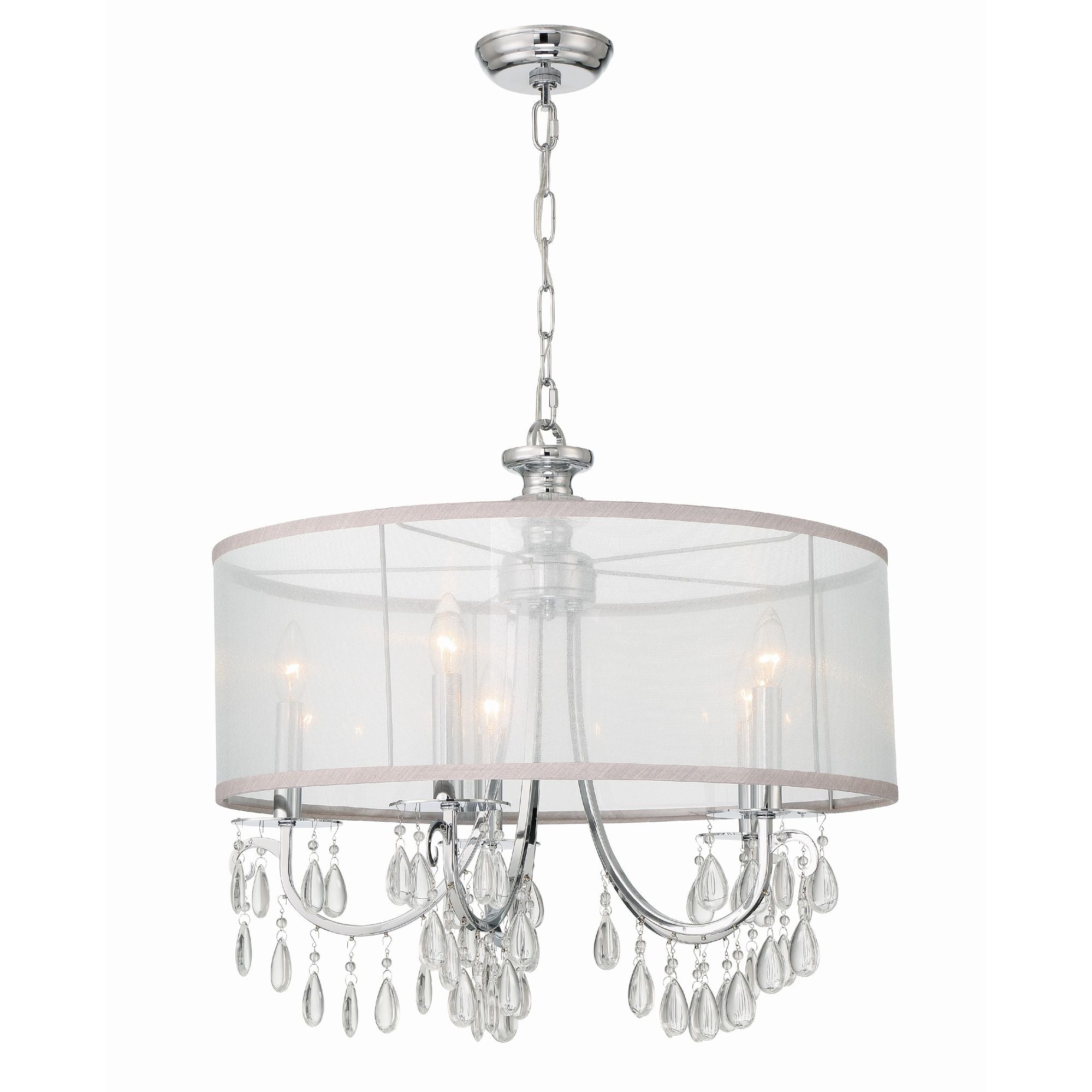 Hampton 5 Light Drum Shade Polished Chrome Chandelier Clear Teardrop Almond Silk Shade 24"W x 23"H x 24"D