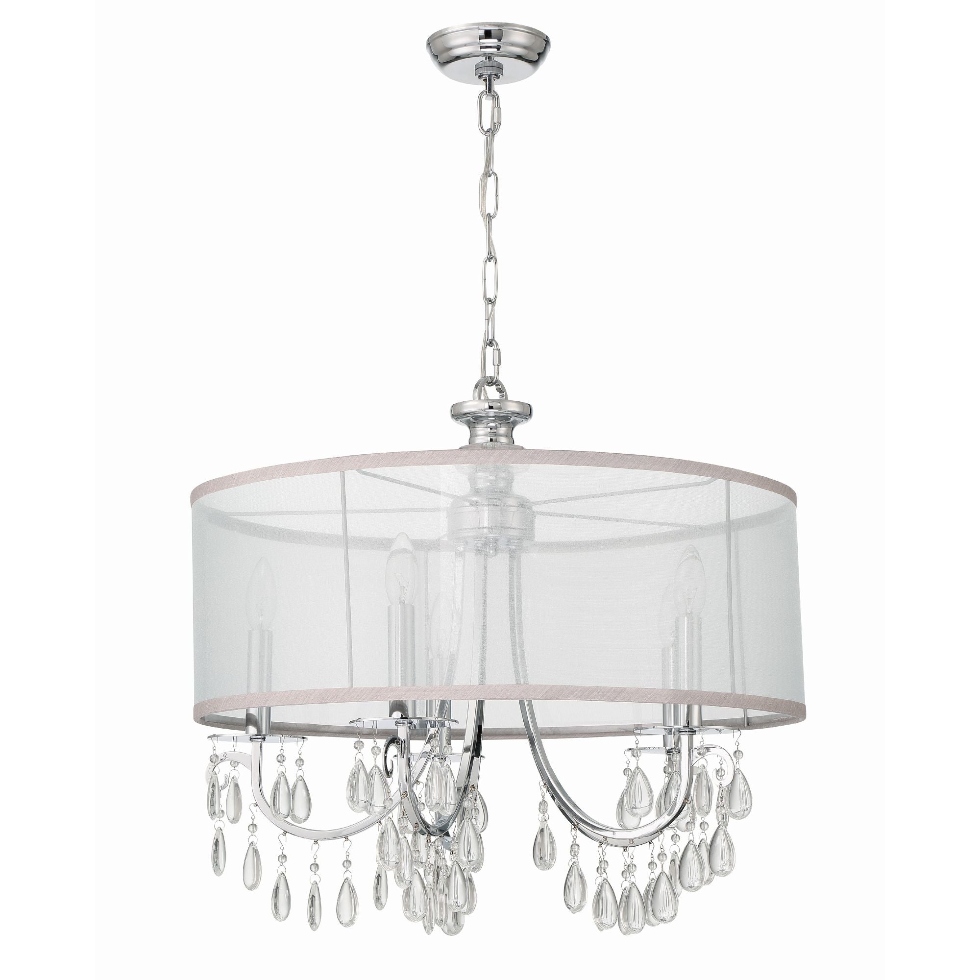 Hampton 5 Light Drum Shade Polished Chrome Chandelier Clear Teardrop Almond Silk Shade 24"W x 23"H x 24"D