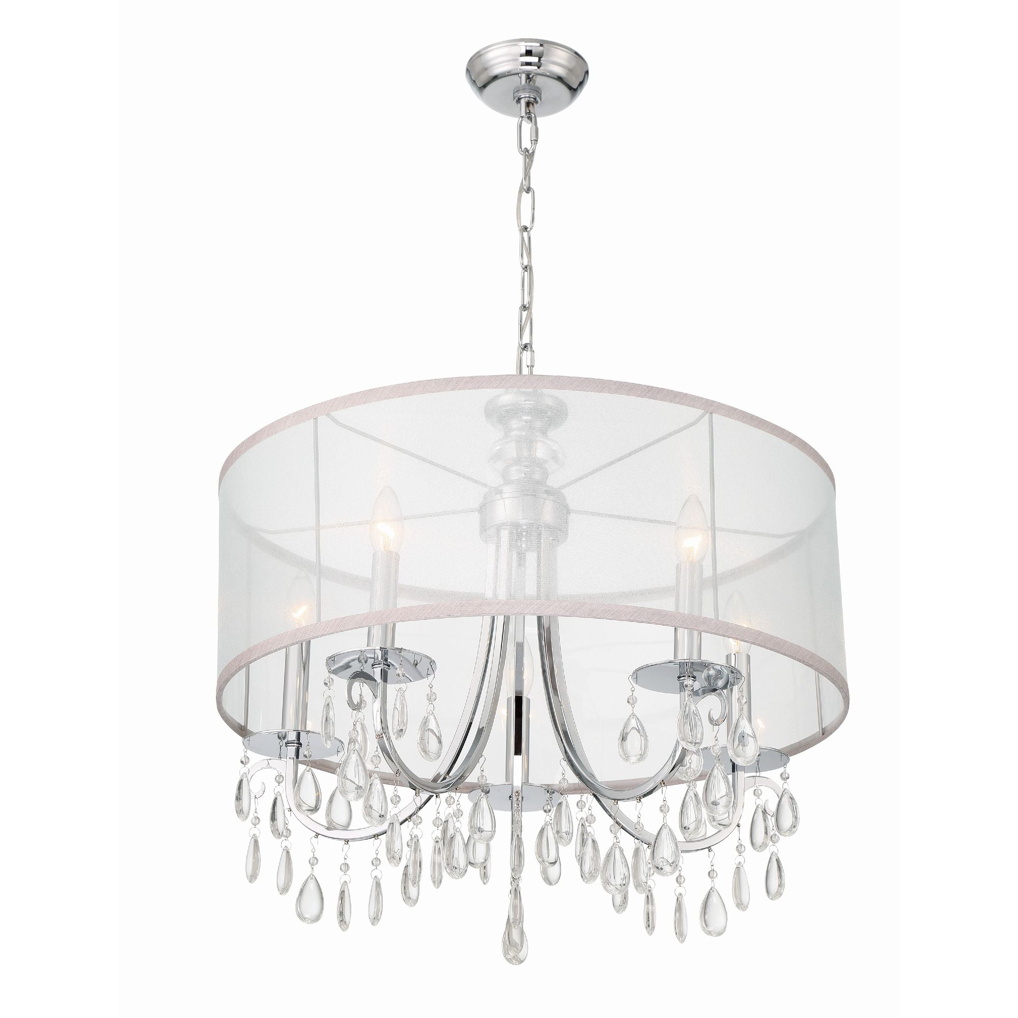 Hampton 5 Light Drum Shade Polished Chrome Chandelier Clear Teardrop Almond Silk Shade 24"W x 23"H x 24"D