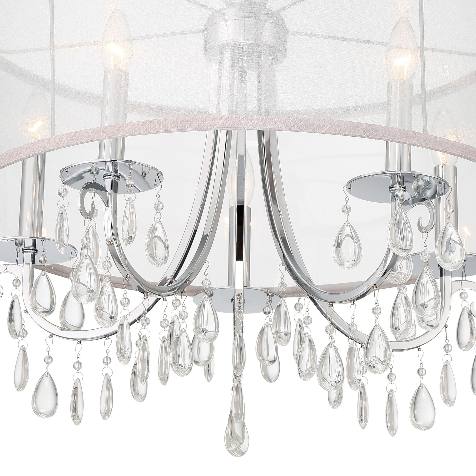 Hampton 5 Light Drum Shade Polished Chrome Chandelier Clear Teardrop Almond Silk Shade 24"W x 23"H x 24"D