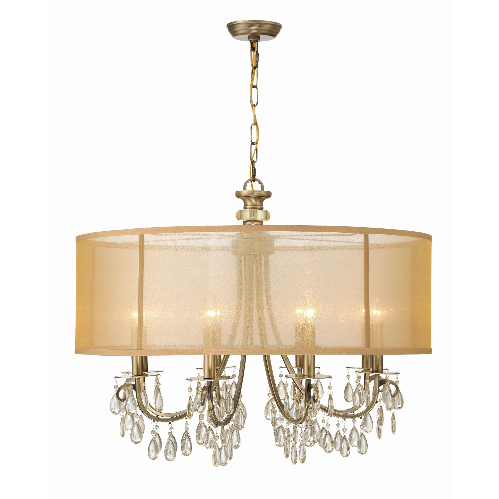 Hampton 8 Light Drum Shade Antique Brass Chandelier Etruscan Teardrop Almond Silk Shade 32"W x 26"H x 32"D