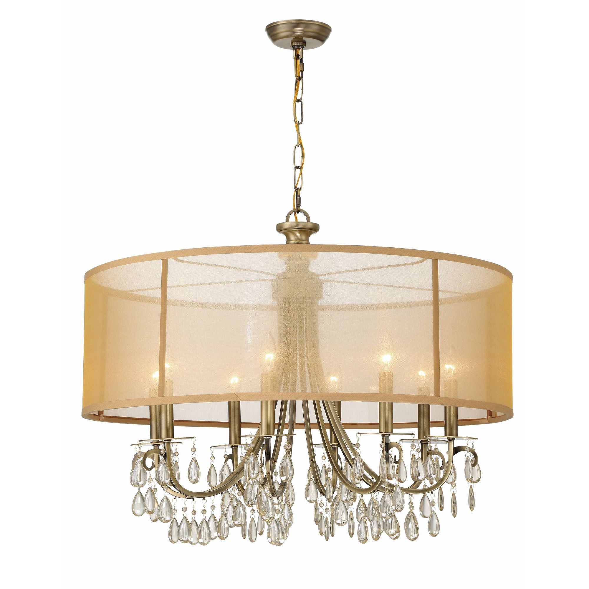 Hampton 8 Light Drum Shade Antique Brass Chandelier Etruscan Teardrop Almond Silk Shade 32"W x 26"H x 32"D
