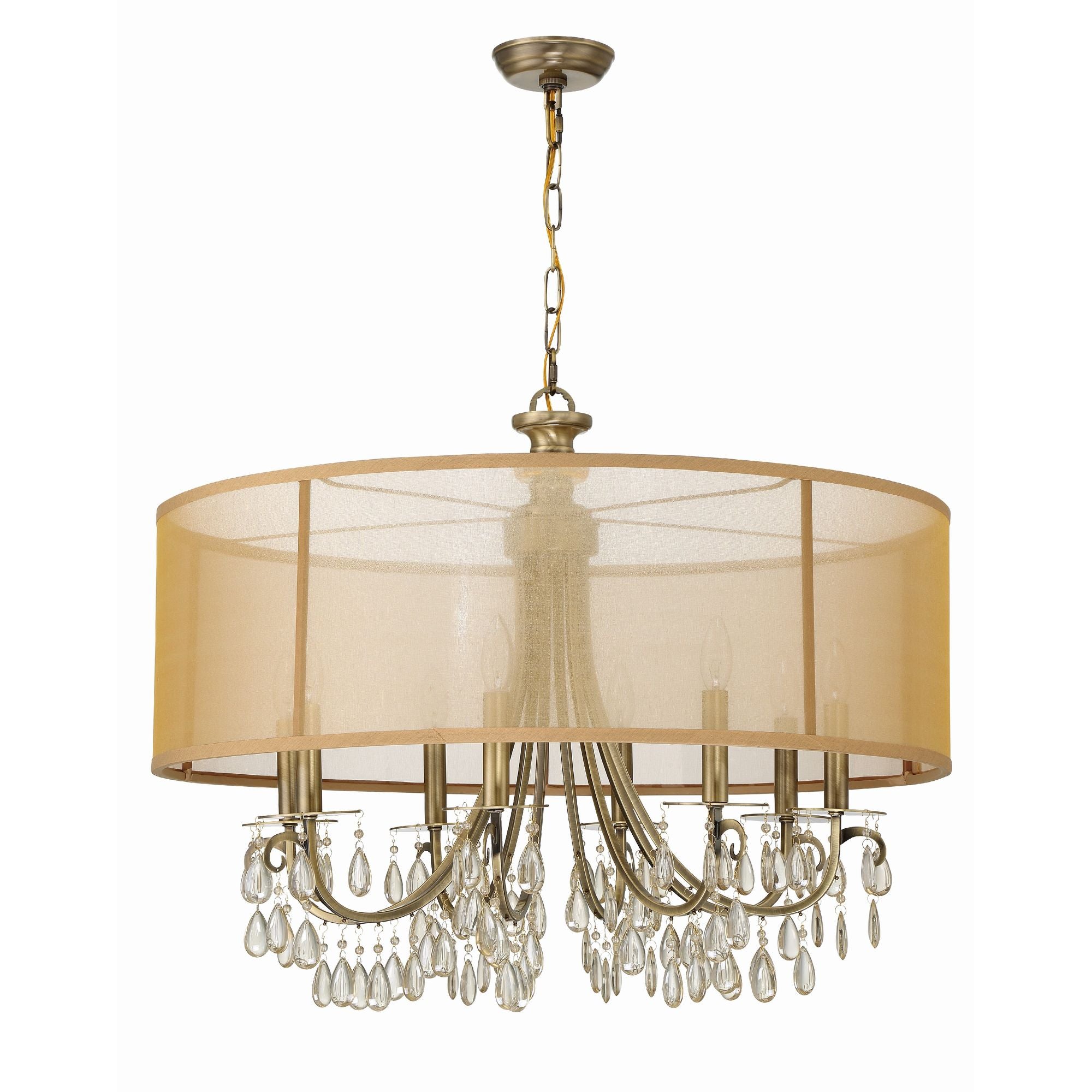 Hampton 8 Light Drum Shade Antique Brass Chandelier Etruscan Teardrop Almond Silk Shade 32"W x 26"H x 32"D