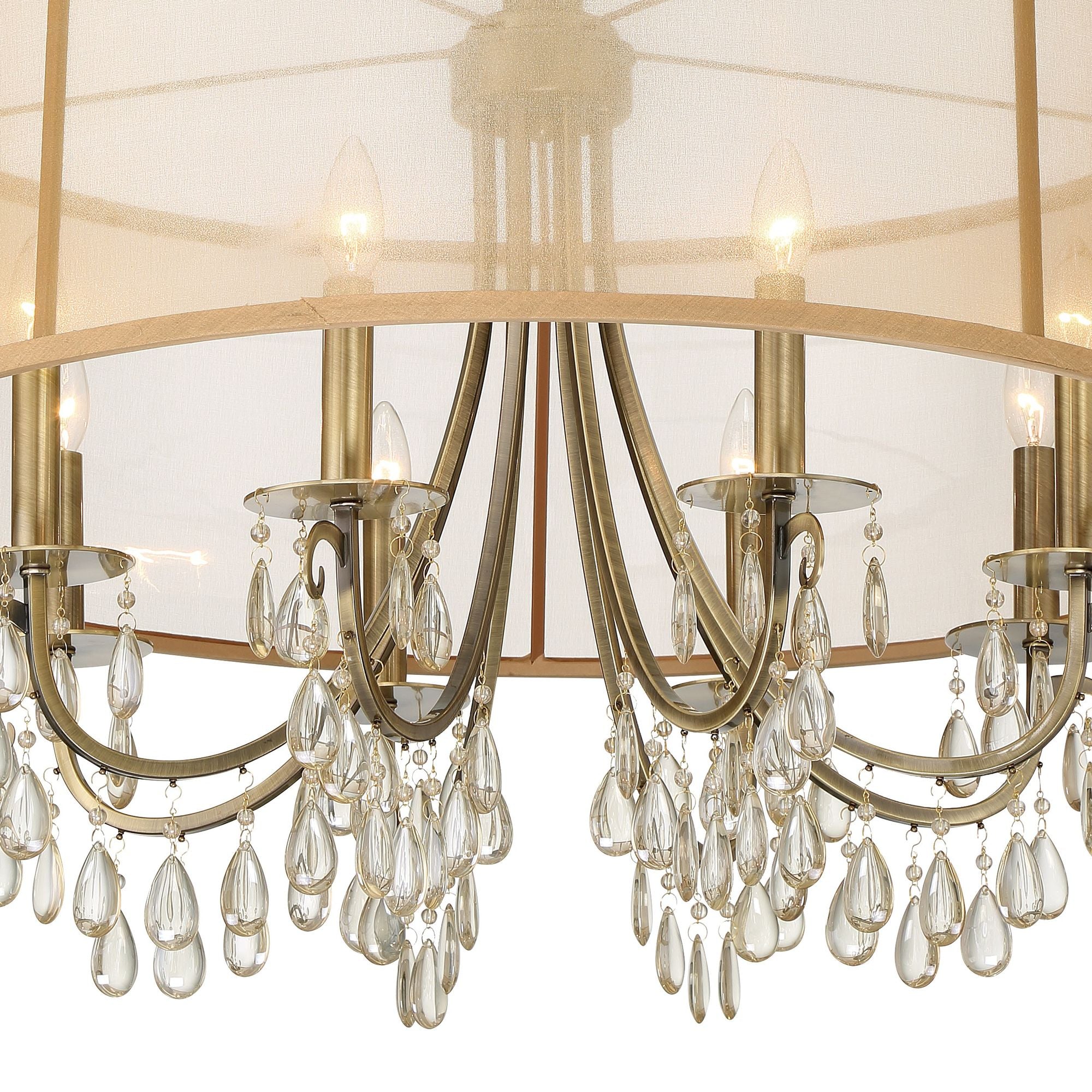 Hampton 8 Light Drum Shade Antique Brass Chandelier Etruscan Teardrop Almond Silk Shade 32"W x 26"H x 32"D
