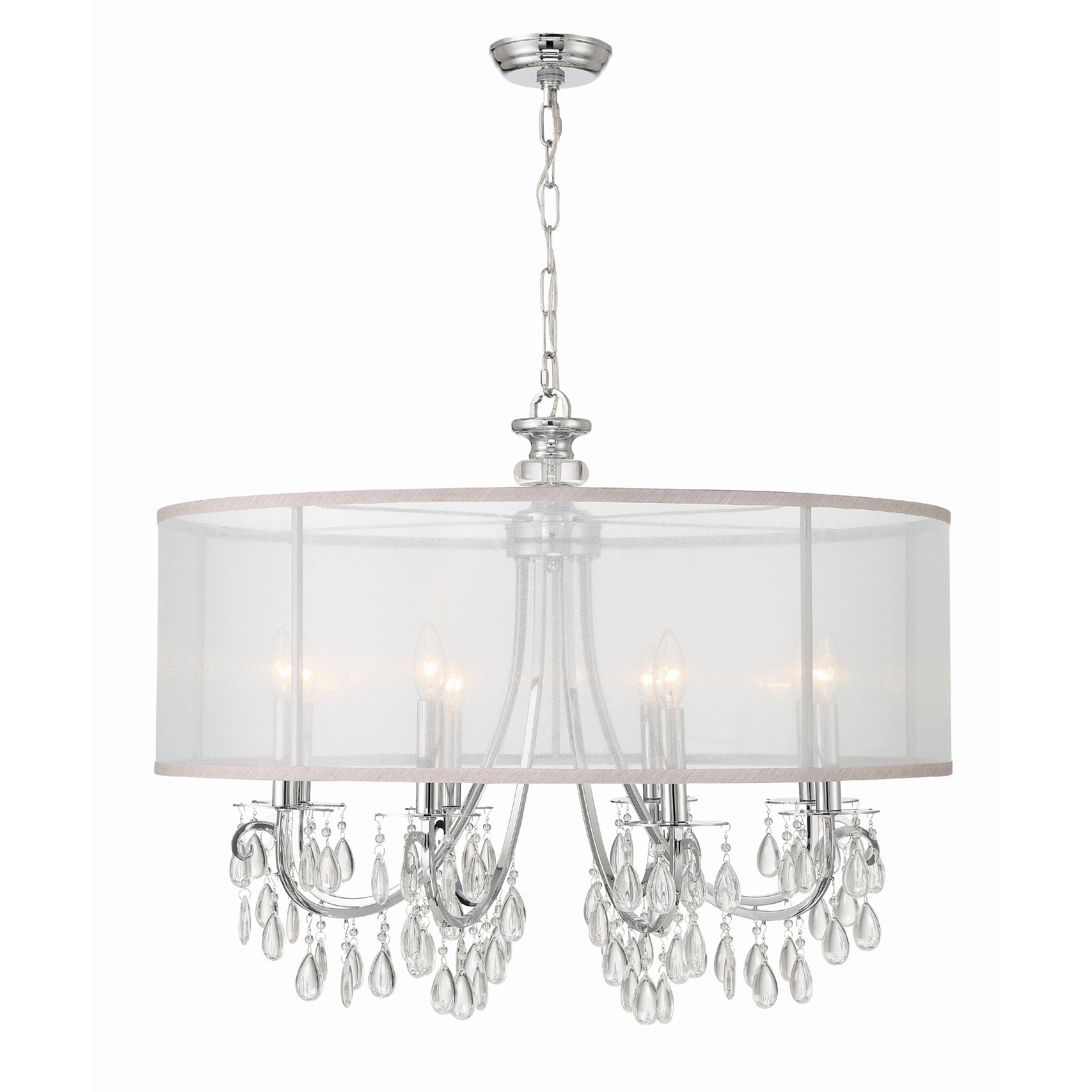 Hampton 8 Light Drum Shade Polished Chrome Chandelier Clear Teardrop Almond Silk Shade 32"W x 26"H x 32"D