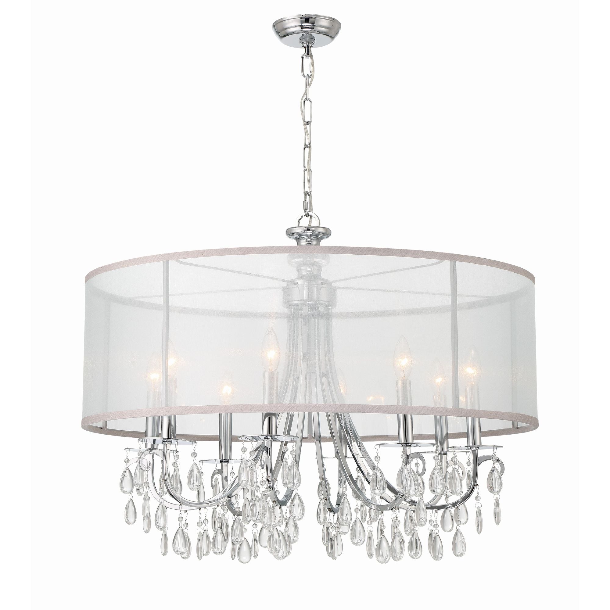 Hampton 8 Light Drum Shade Polished Chrome Chandelier Clear Teardrop Almond Silk Shade 32"W x 26"H x 32"D