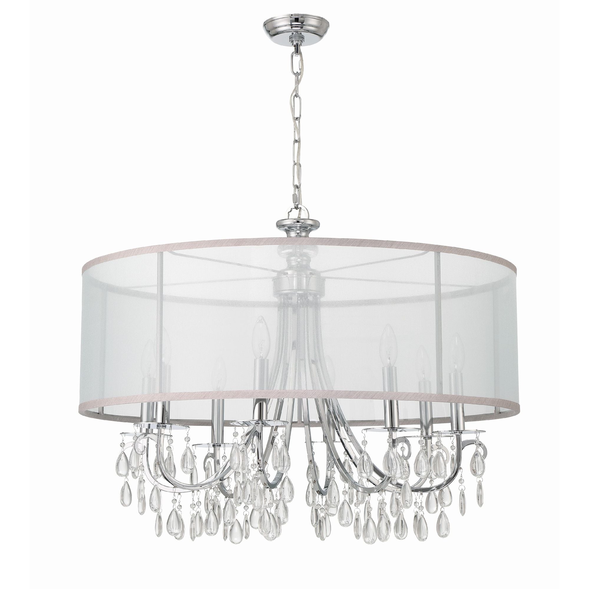 Hampton 8 Light Drum Shade Polished Chrome Chandelier Clear Teardrop Almond Silk Shade 32"W x 26"H x 32"D