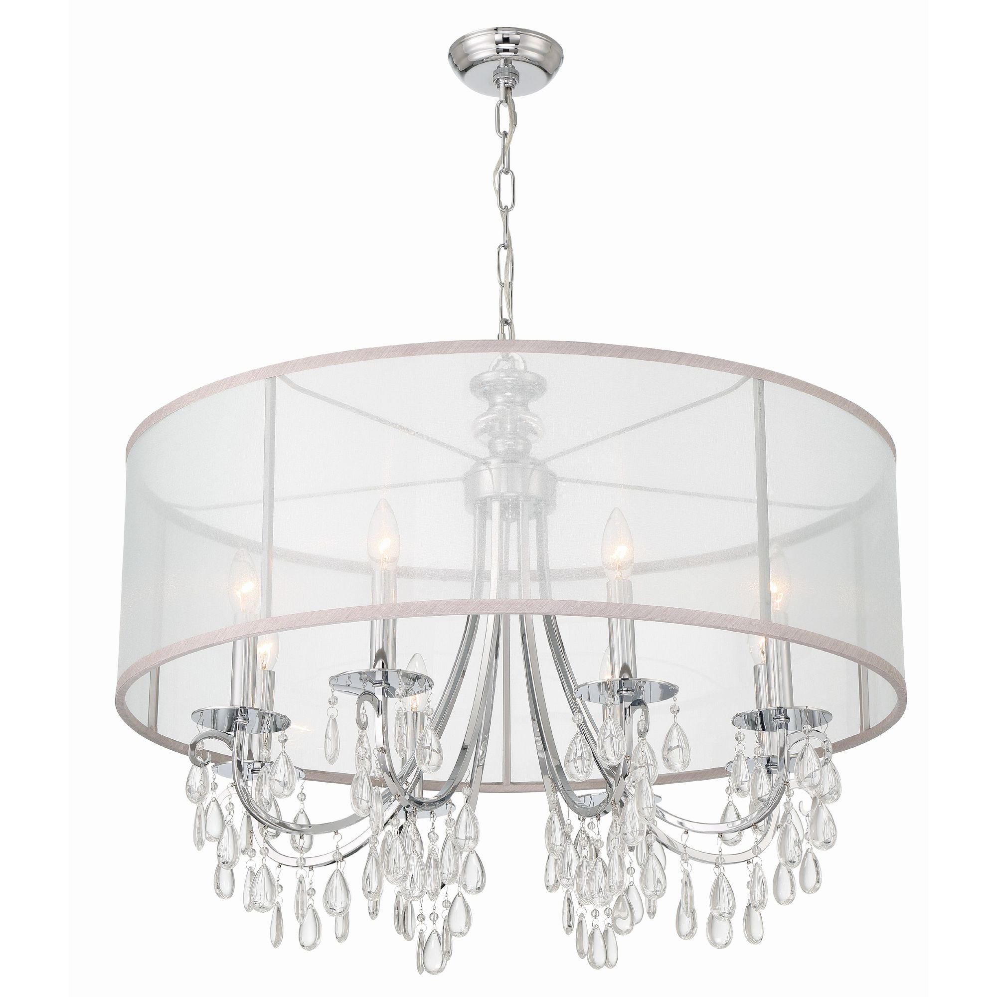 Hampton 8 Light Drum Shade Polished Chrome Chandelier Clear Teardrop Almond Silk Shade 32"W x 26"H x 32"D