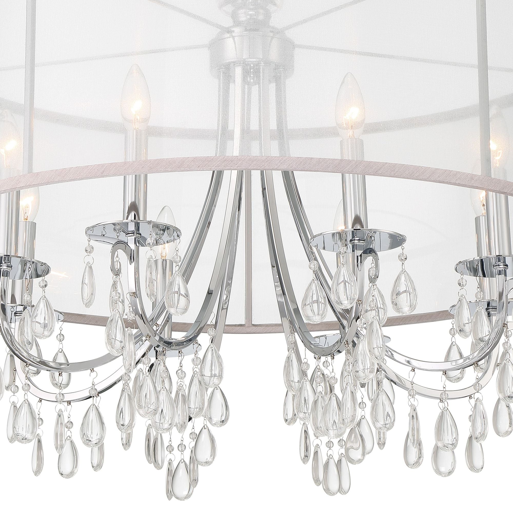 Hampton 8 Light Drum Shade Polished Chrome Chandelier Clear Teardrop Almond Silk Shade 32"W x 26"H x 32"D