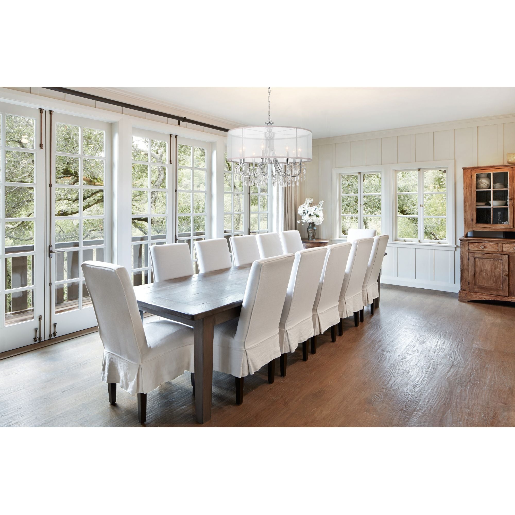 Hampton 8 Light Drum Shade Polished Chrome Chandelier Clear Teardrop Almond Silk Shade 32"W x 26"H x 32"D