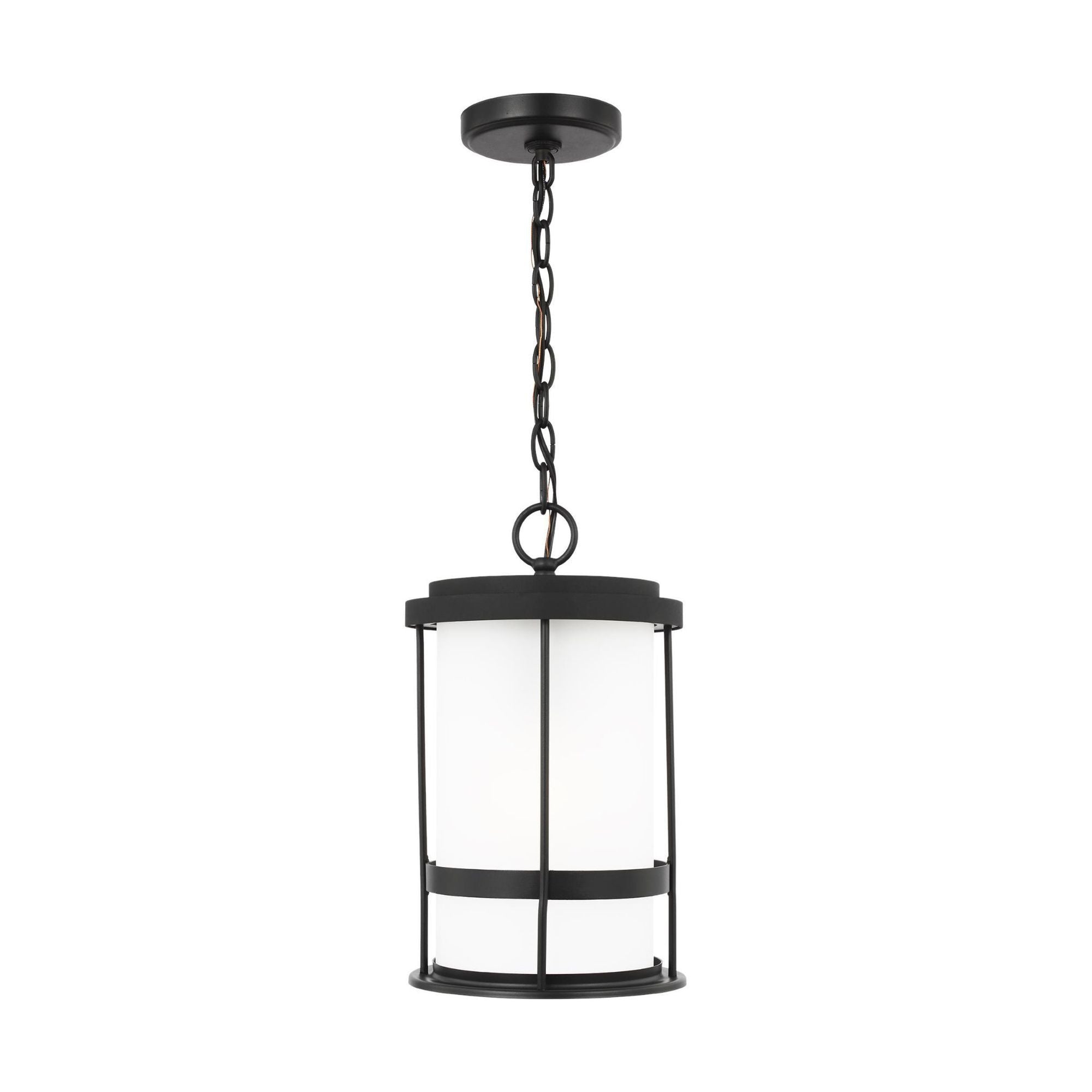 Wilburn One Light Outdoor Pendant Lantern LED Transitional Fixture 14" Height Aluminum Round Satin Etched Shade in Black