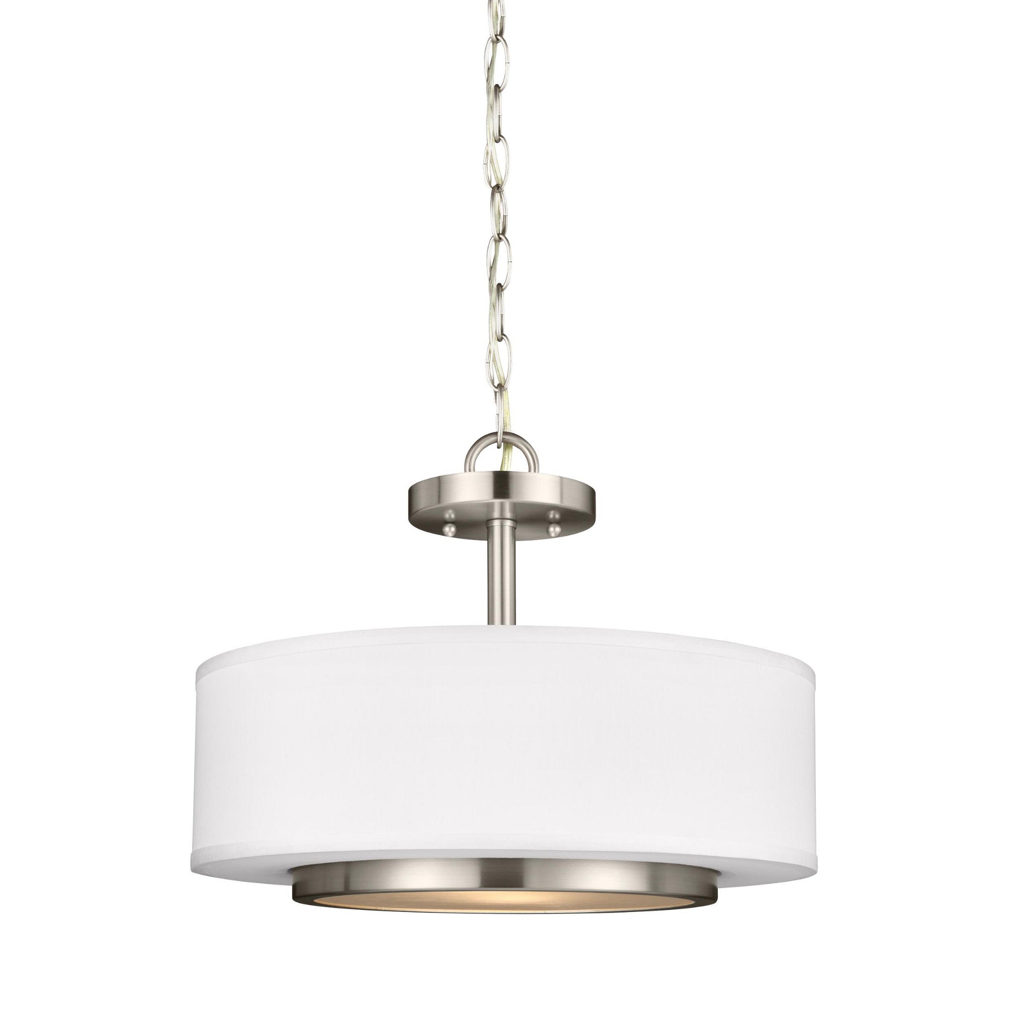 Nance Two Light Semi-Flush Convertible Pendant Transitional Ceiling Fixture 12" Height Steel Round Satin Etched Shade in Brushed Nickel