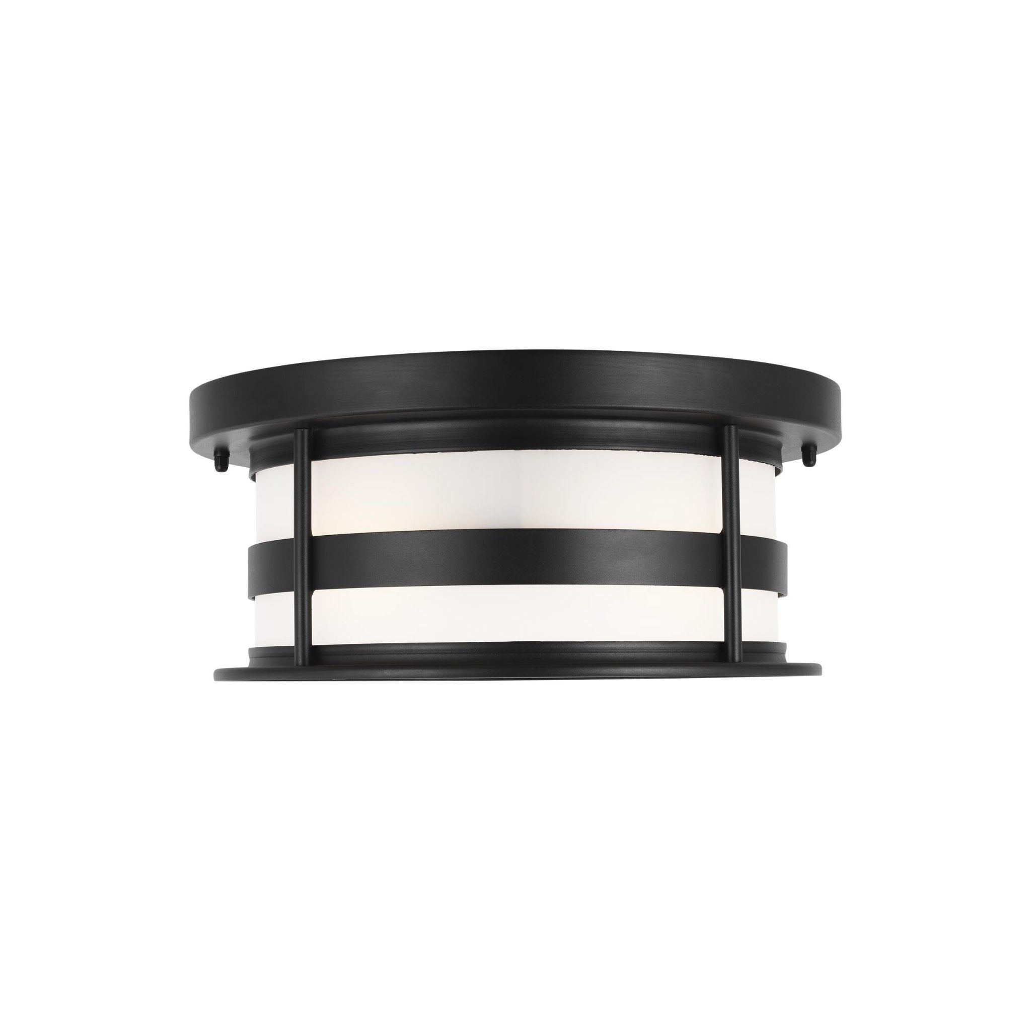 Wilburn Two Light Outdoor Flush Mount Transitional Fixture 5.5" Height Aluminum Round Satin Etched Shade in Black