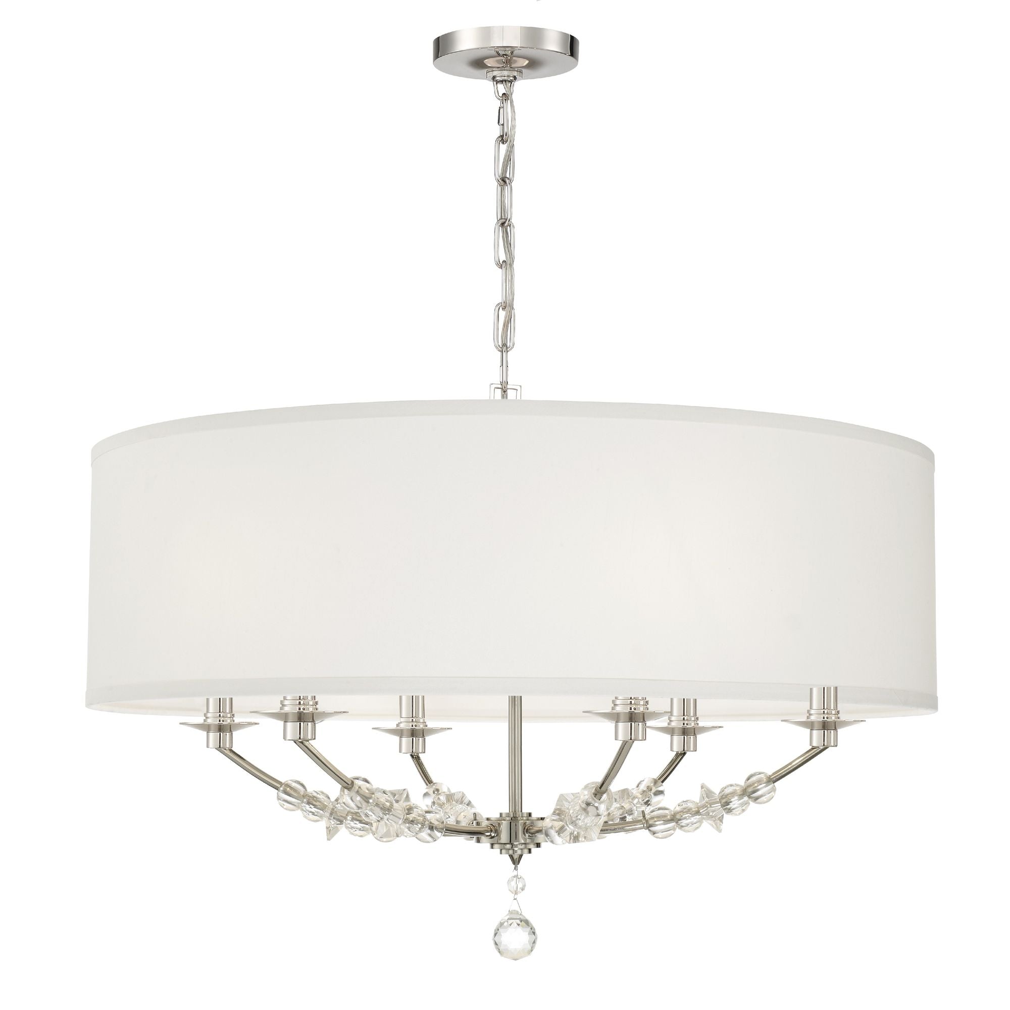 Mirage 6 Light Polished Nickel Drum Shade Chandelier Hand Cut Crystal Beads Silk Shade 30"W x 23"H x 30"D