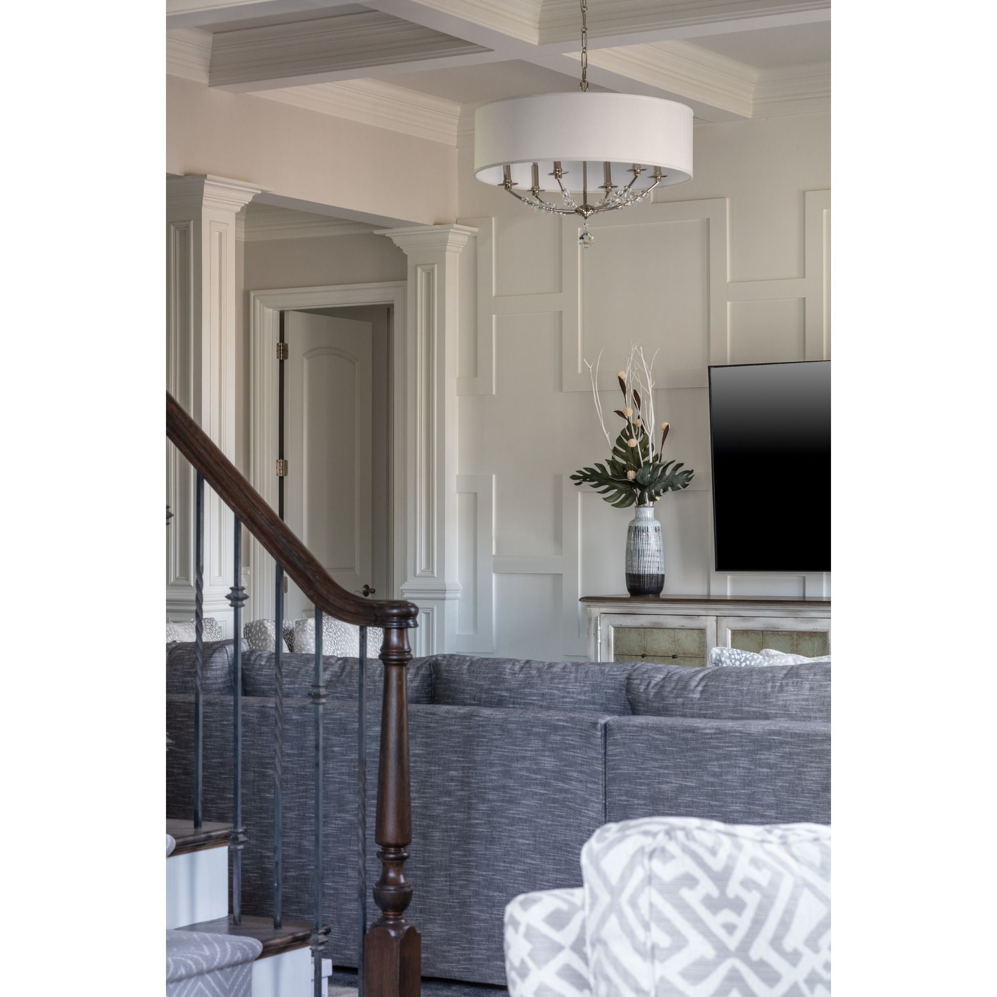 Mirage 6 Light Polished Nickel Drum Shade Chandelier Hand Cut Crystal Beads Silk Shade 30"W x 23"H x 30"D