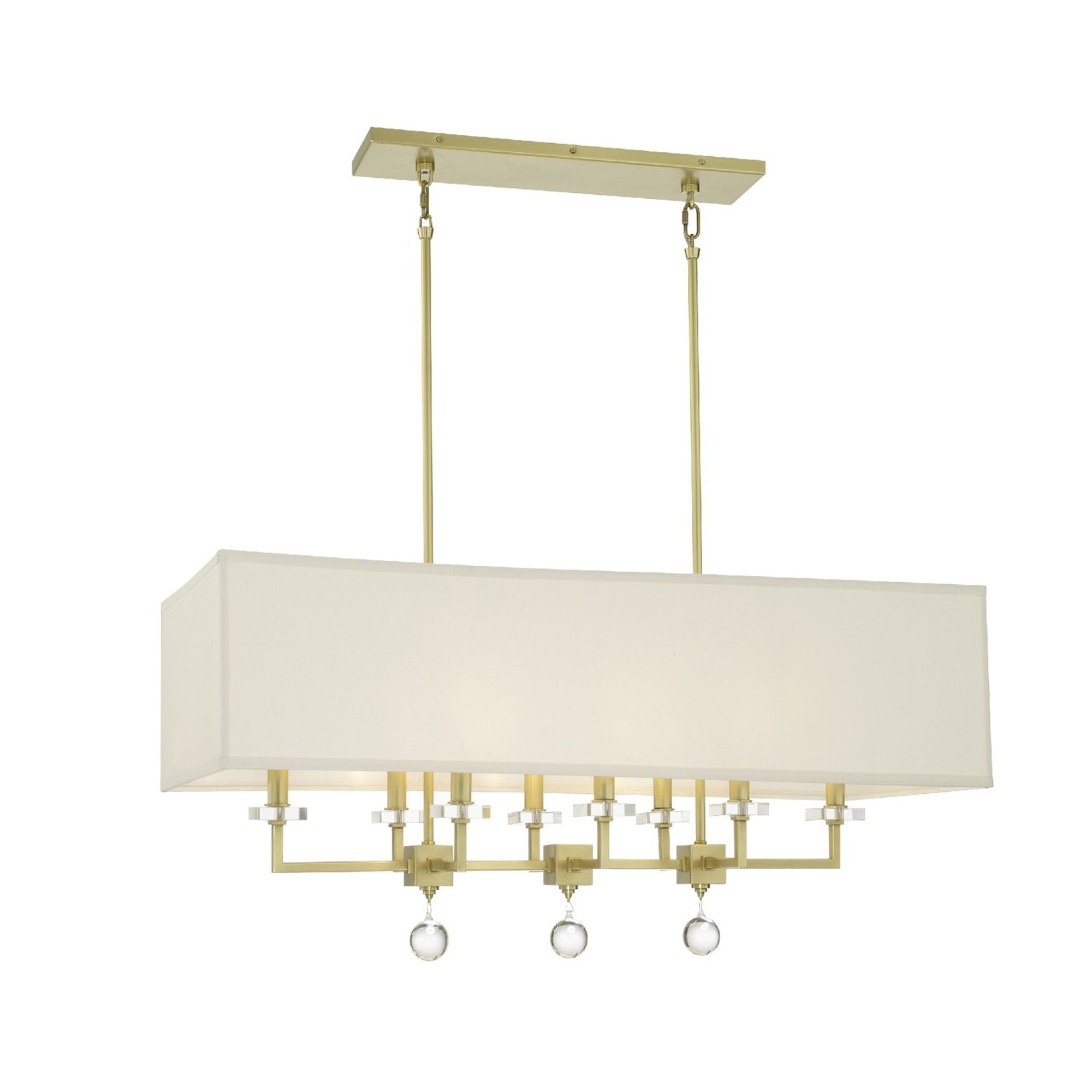 Paxton 8 Light Aged Brass Linear Chandelier Clear Glass Drops Silk Shade 38"W x 17.5"H x 16.75"D