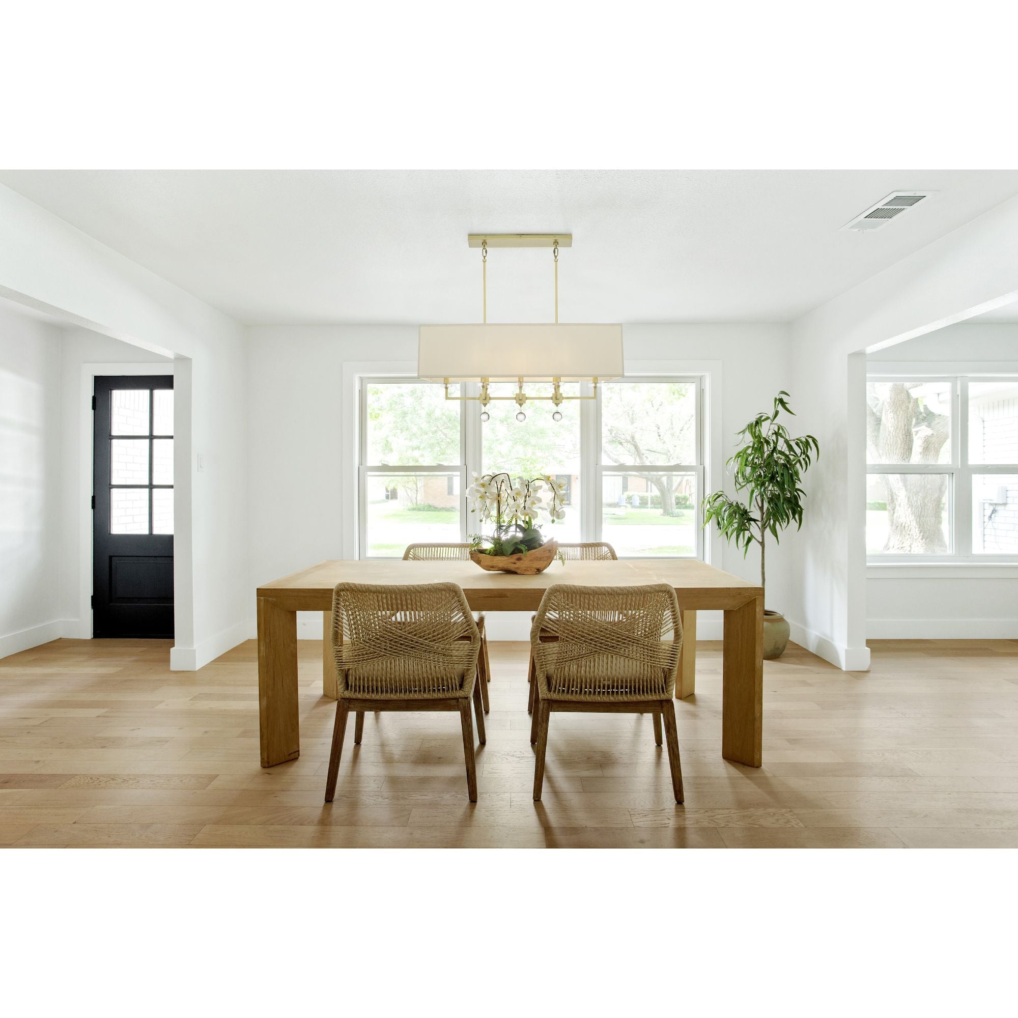 Paxton 8 Light Aged Brass Linear Chandelier Clear Glass Drops Silk Shade 38"W x 17.5"H x 16.75"D