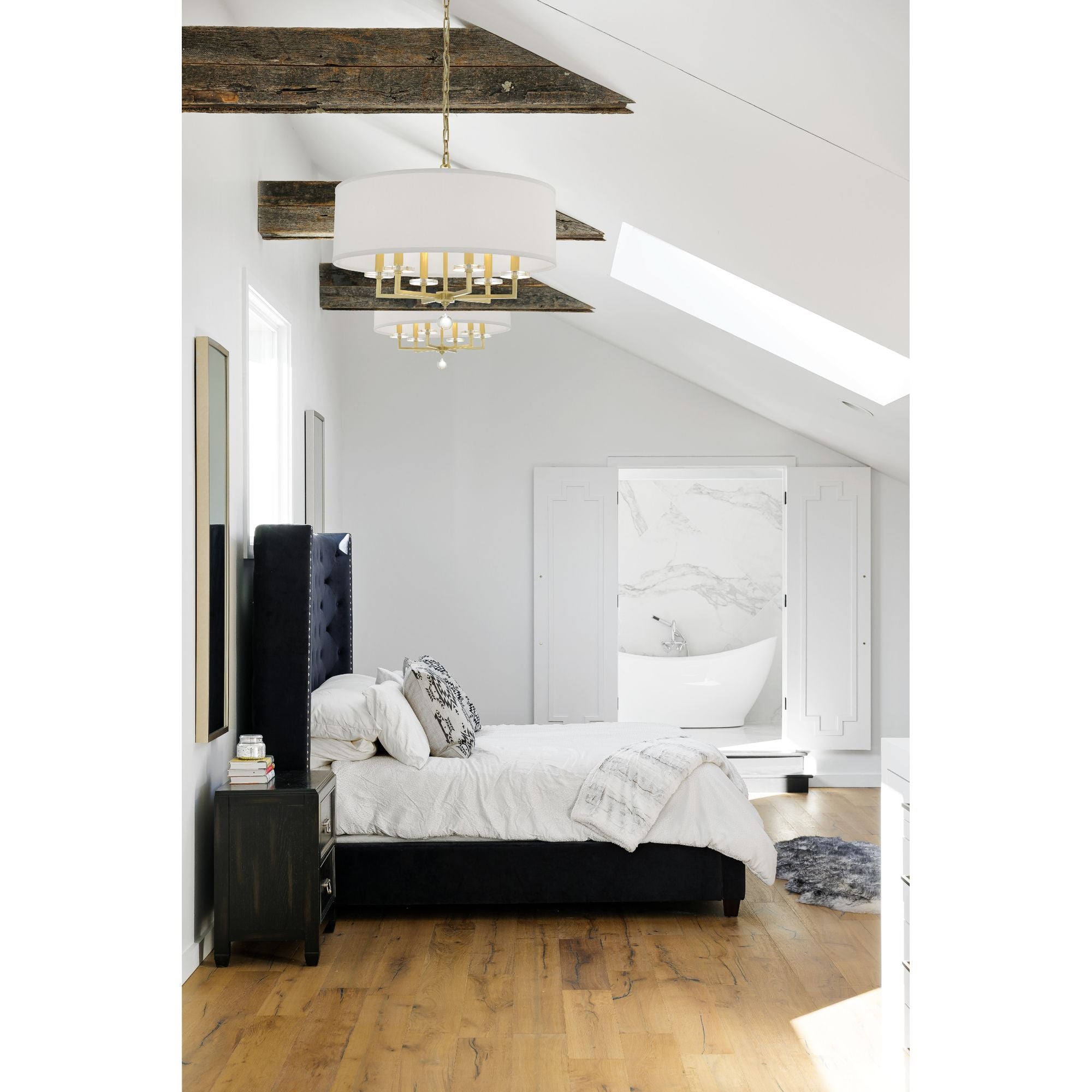 Paxton 6 Light Aged Brass Chandelier Clear Glass Drops Silk Shade 25.5"W x 21"H x 25.5"D