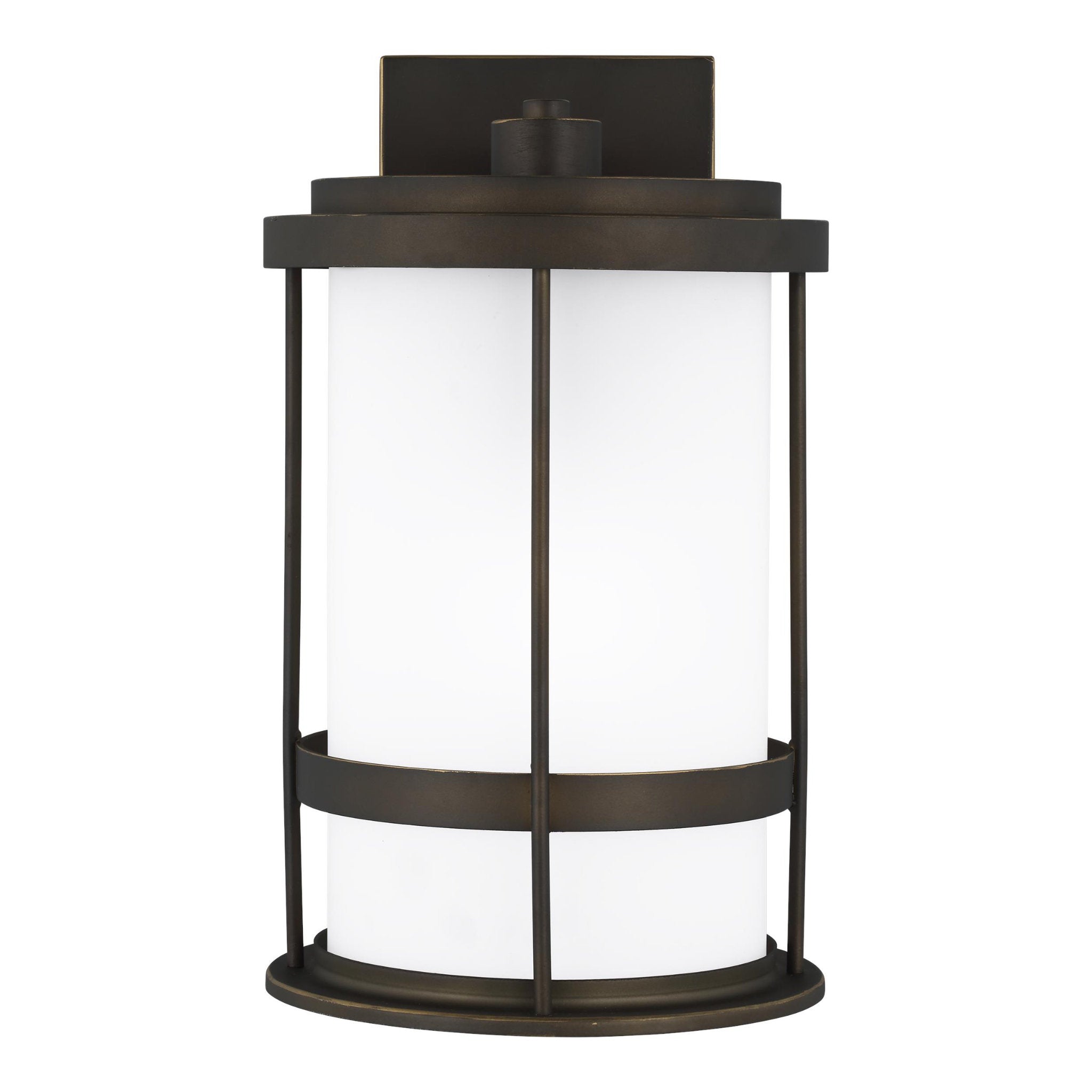 Wilburn Medium One Light Outdoor Wall Lantern Transitional Fixture Dark Sky 8" Width 13.5" Height Aluminum Round Satin Etched Shade in Antique Bronze