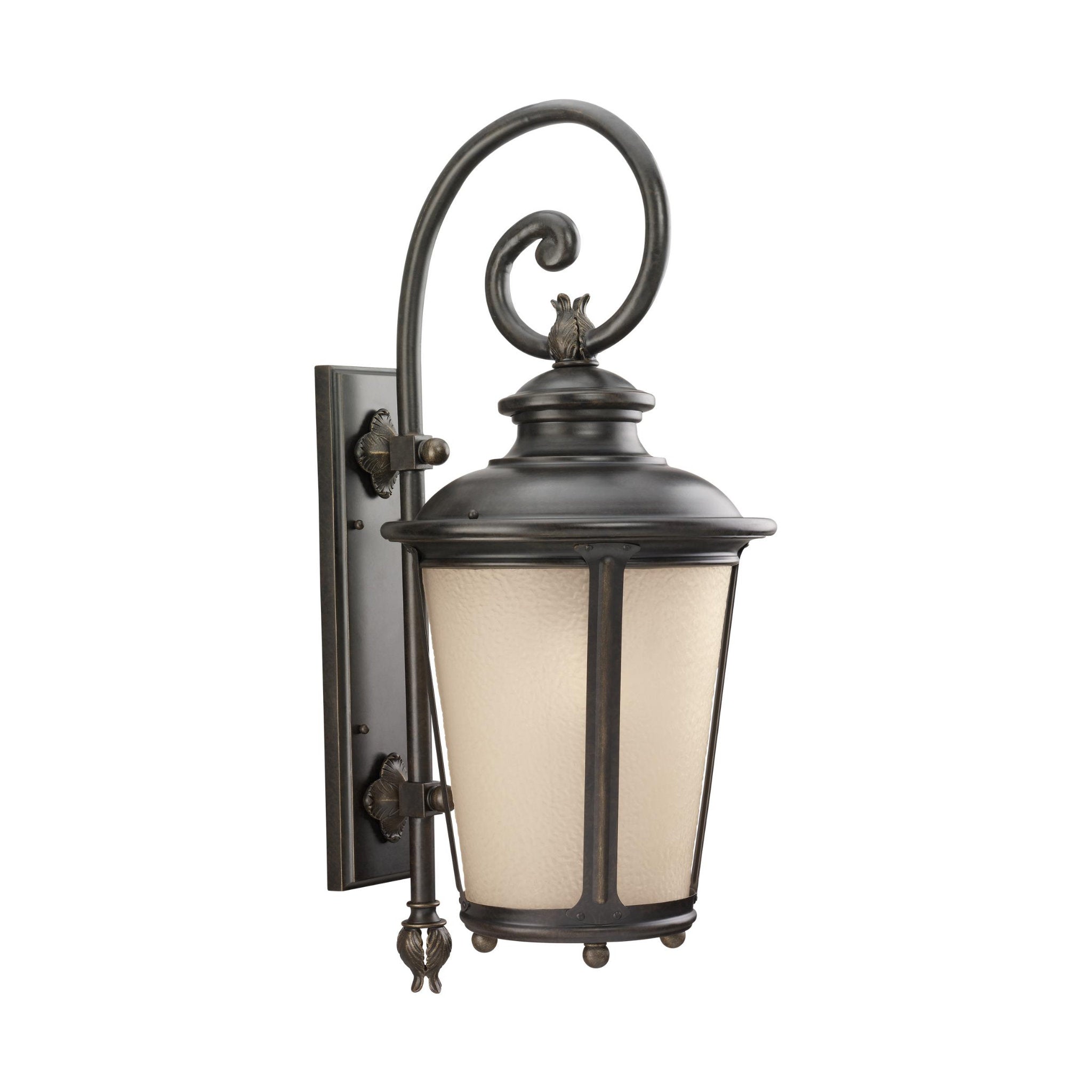 Cape May Extra Large One Light Outdoor Wall Lantern Traditional Fixture 13" Width 29.75" Height Aluminum Round Etched Hammered with Amber Shade in Burled Iron