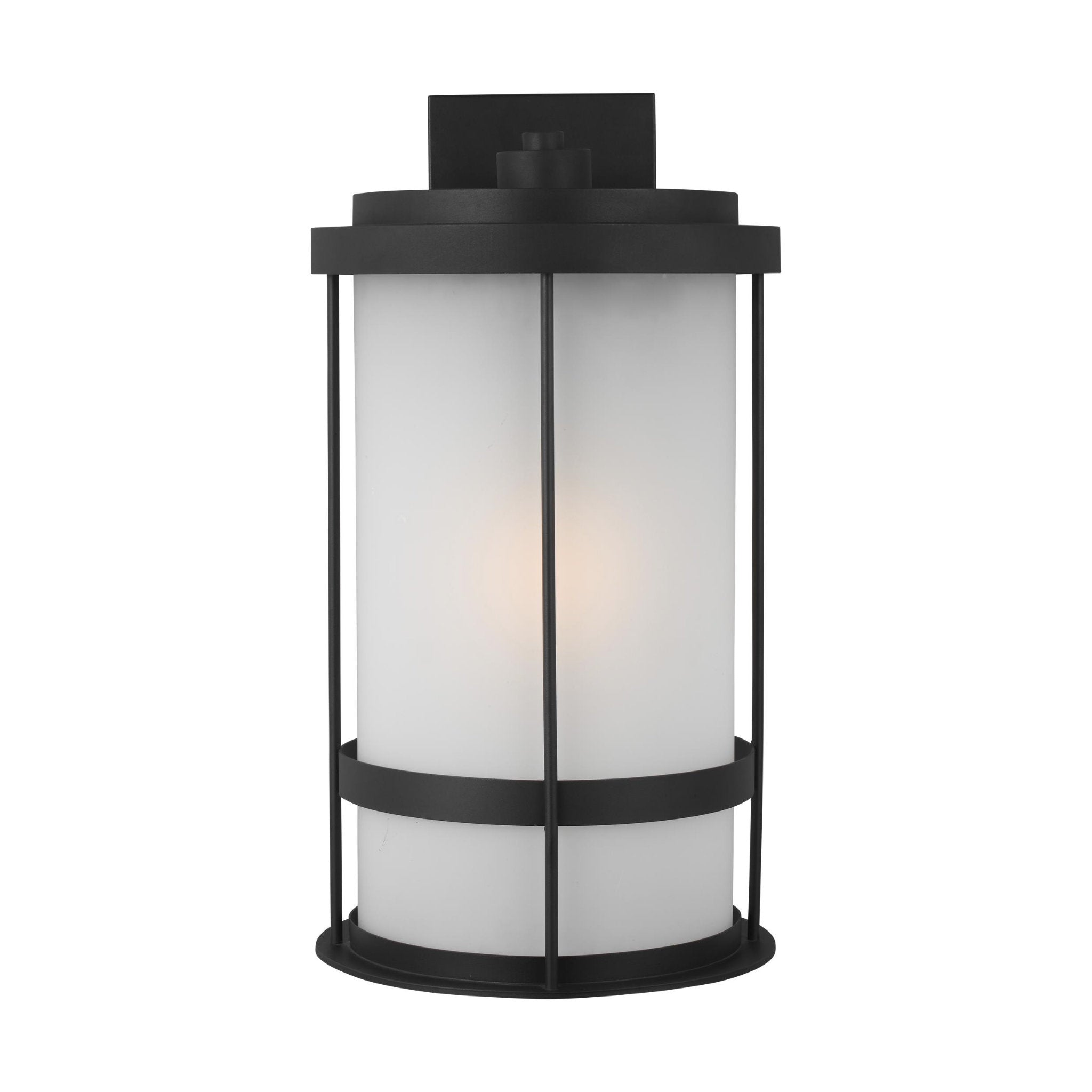 Wilburn Extra Large One Light Outdoor Wall Lantern Transitional Fixture 12.625" Width 24" Height Aluminum Round Satin Etched Shade in Black