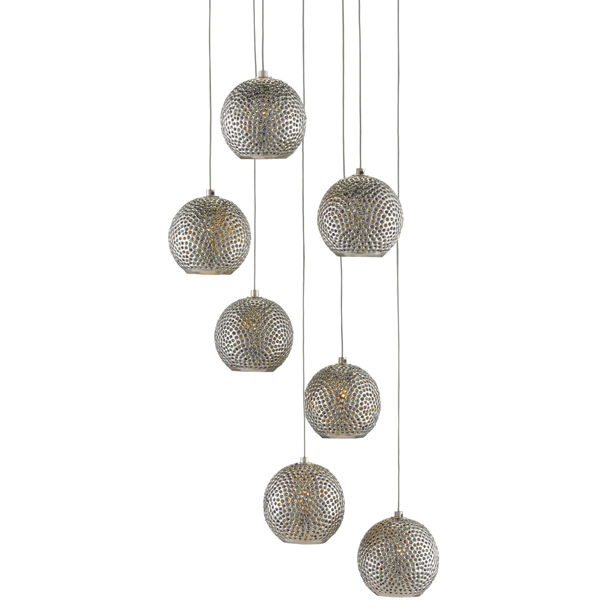 Giro 7-Light Round Multi-Drop Pendant - Painted Silver/Nickel/Blue