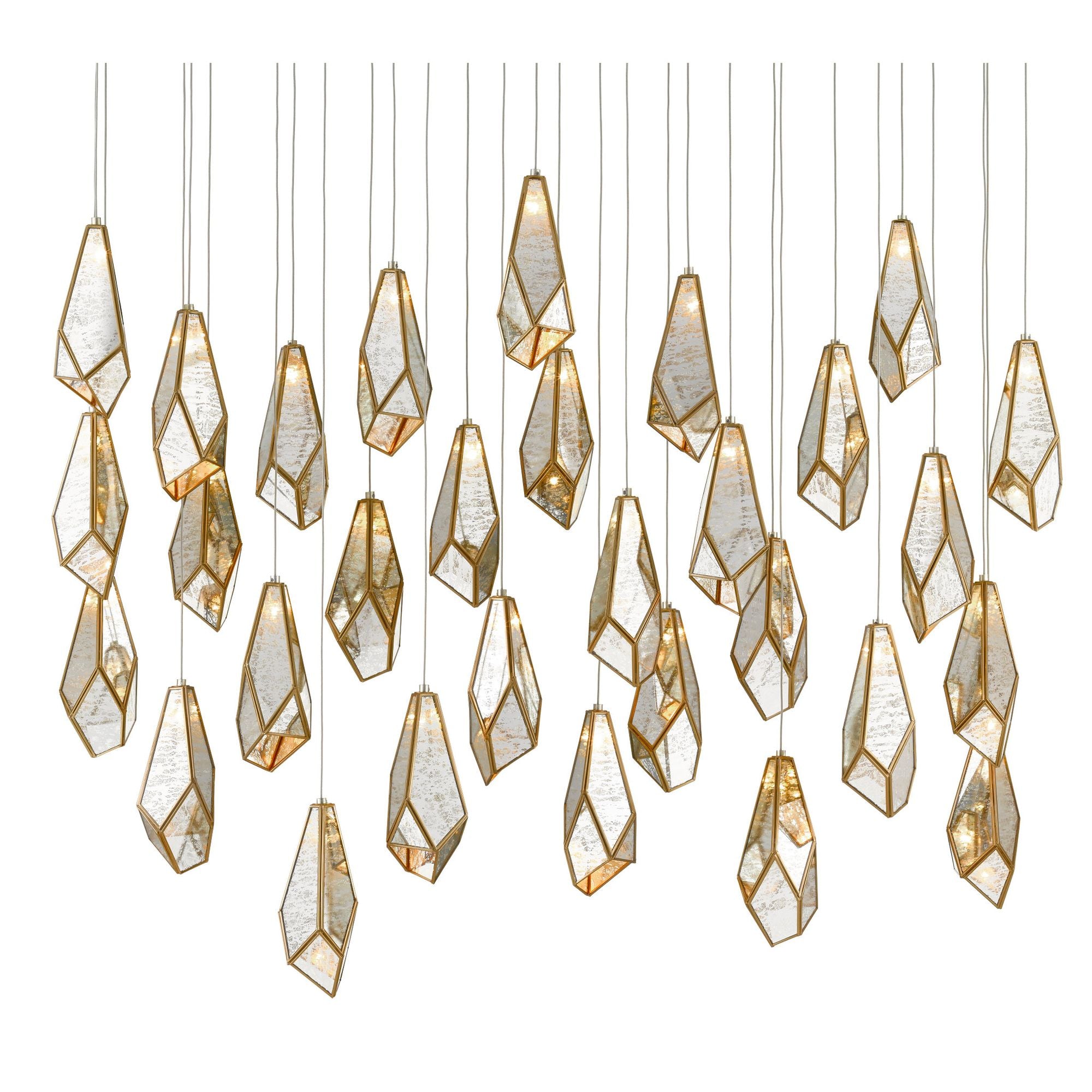 Glace Mirror 30-Light Rectangular Multi-Drop Pendant - Painted Silver/Antique Brass